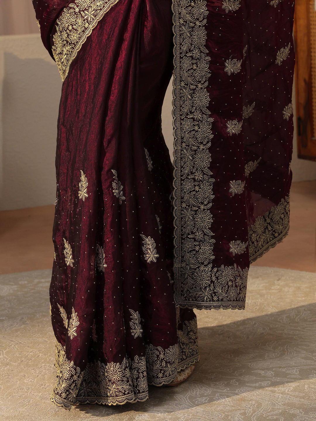  Maroon Ethnic Embellished Tissue Saree 