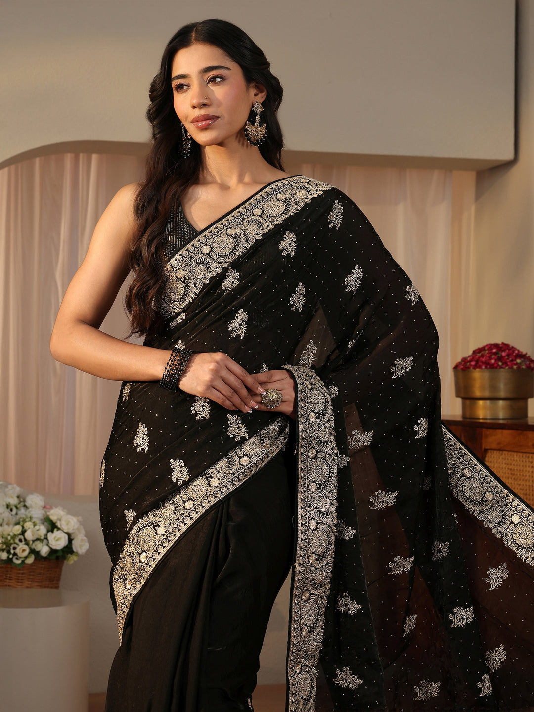  Black Ethnic Embellished Tissue Saree 