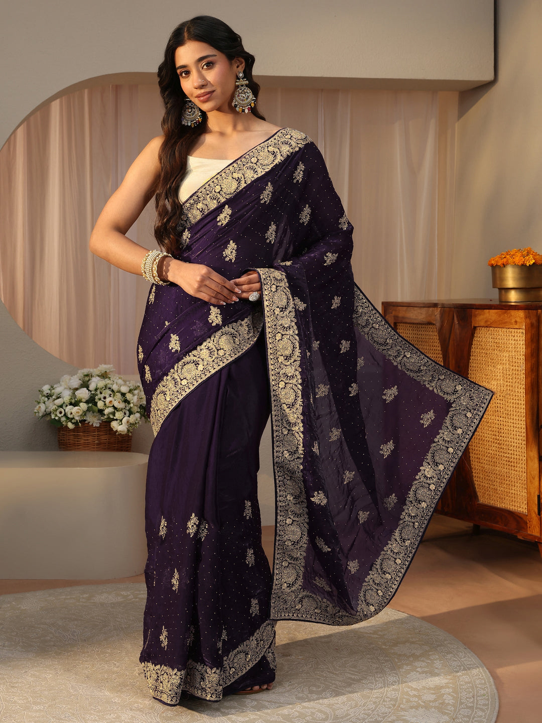 Purple Ethnic Embellished Tissue Saree 