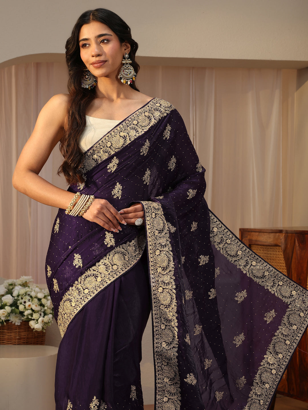  Purple Ethnic Embellished Tissue Saree 