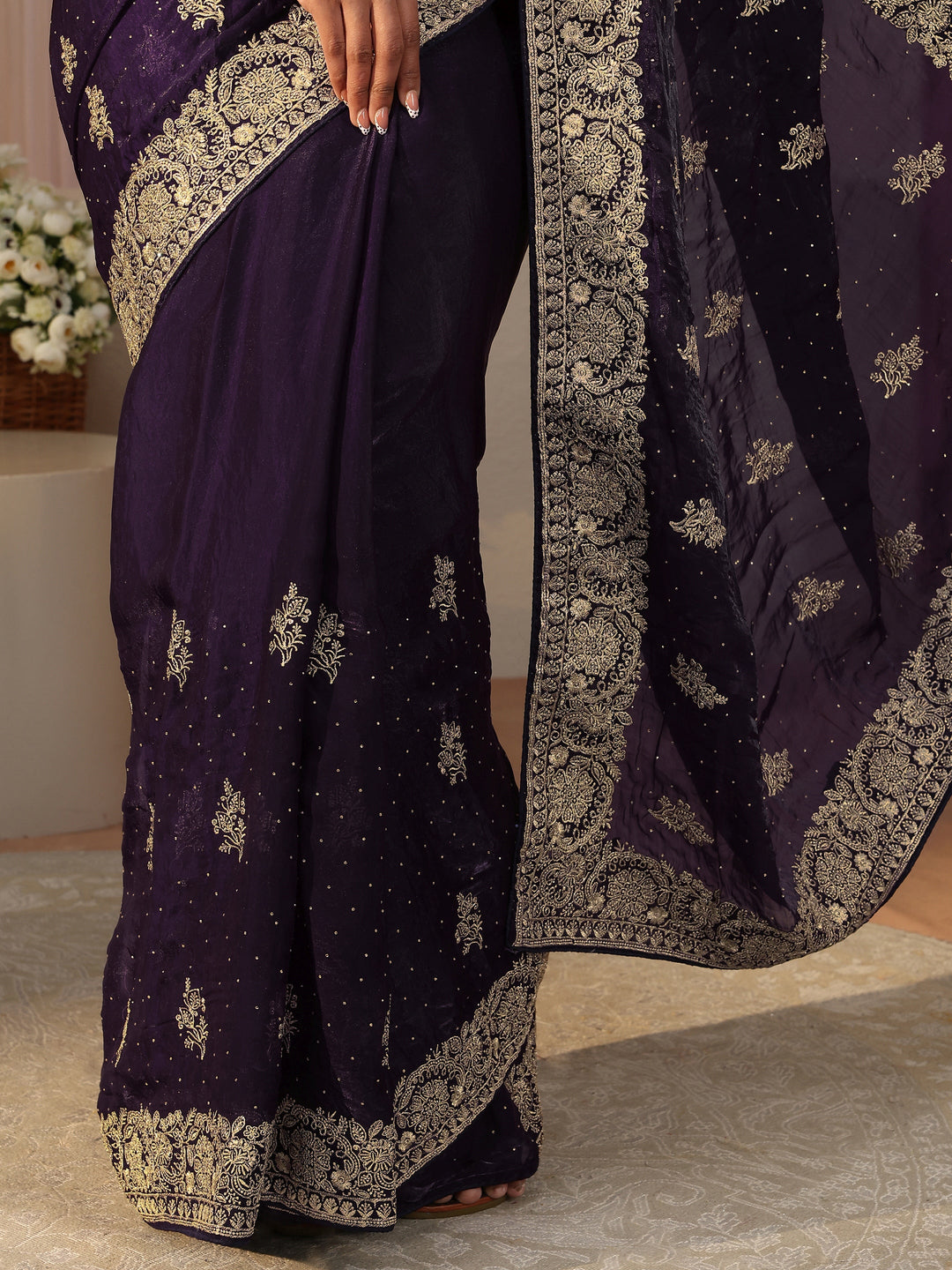  Purple Ethnic Embellished Tissue Saree 