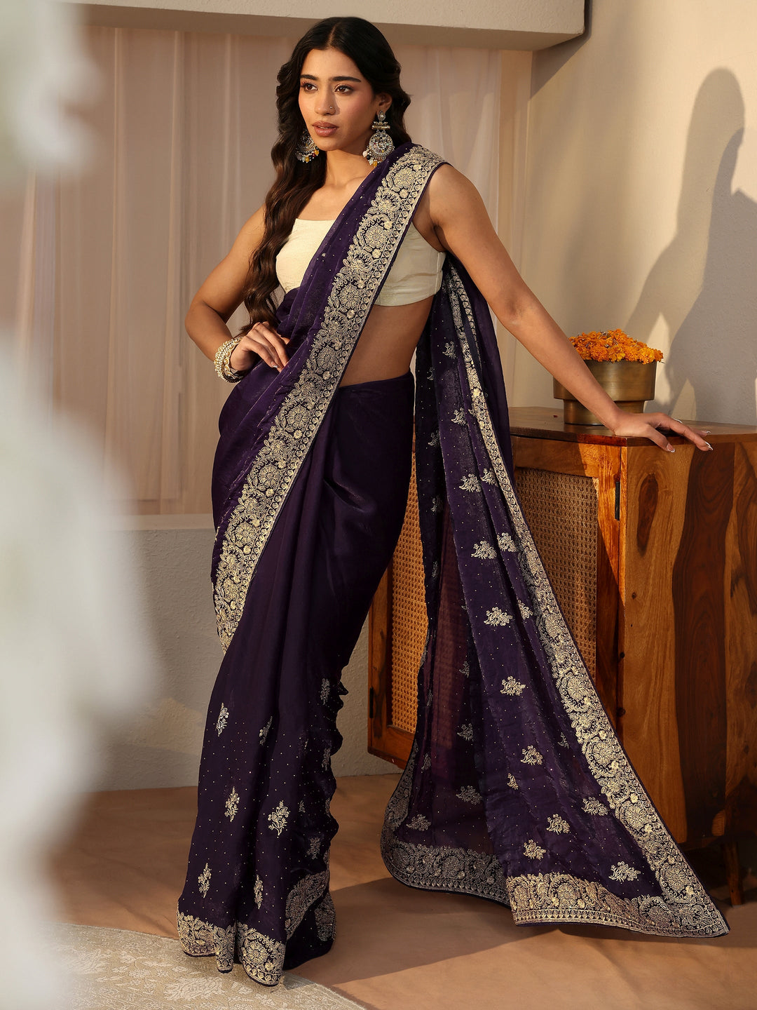  Purple Ethnic Embellished Tissue Saree 