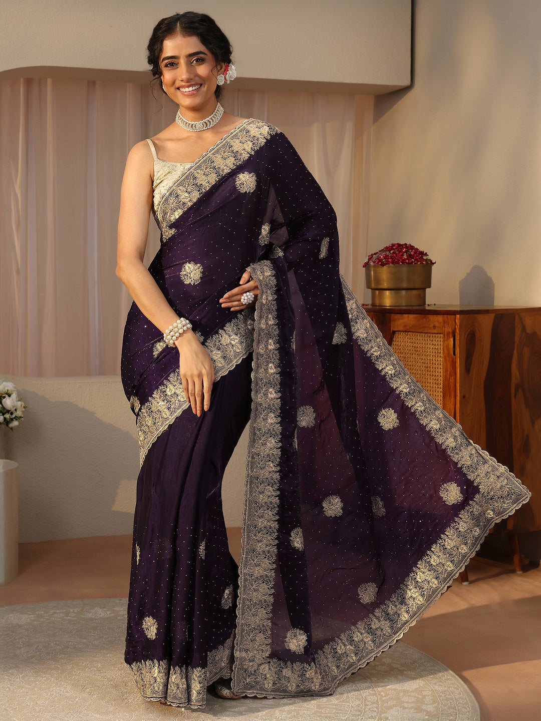  Purple Ethnic Embellished Tissue Saree 