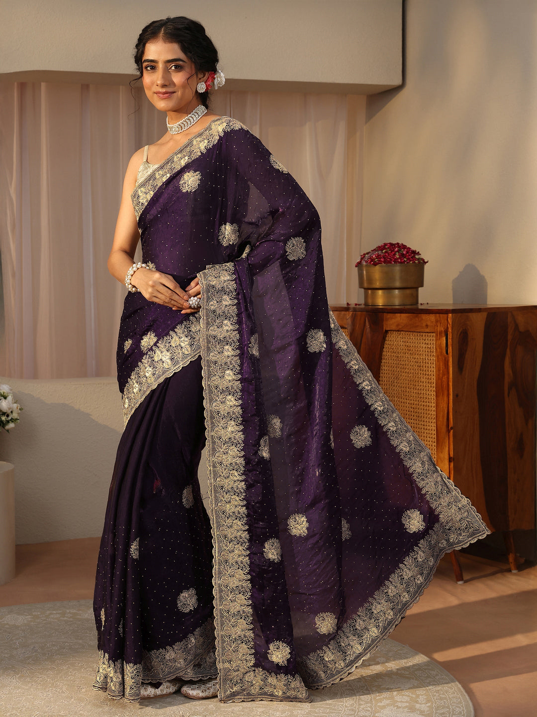  Purple Ethnic Embellished Tissue Saree 