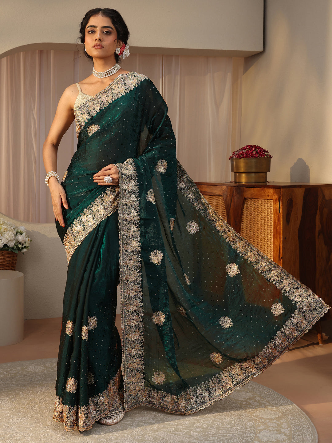  Green Ethnic Embellished Tissue Saree 