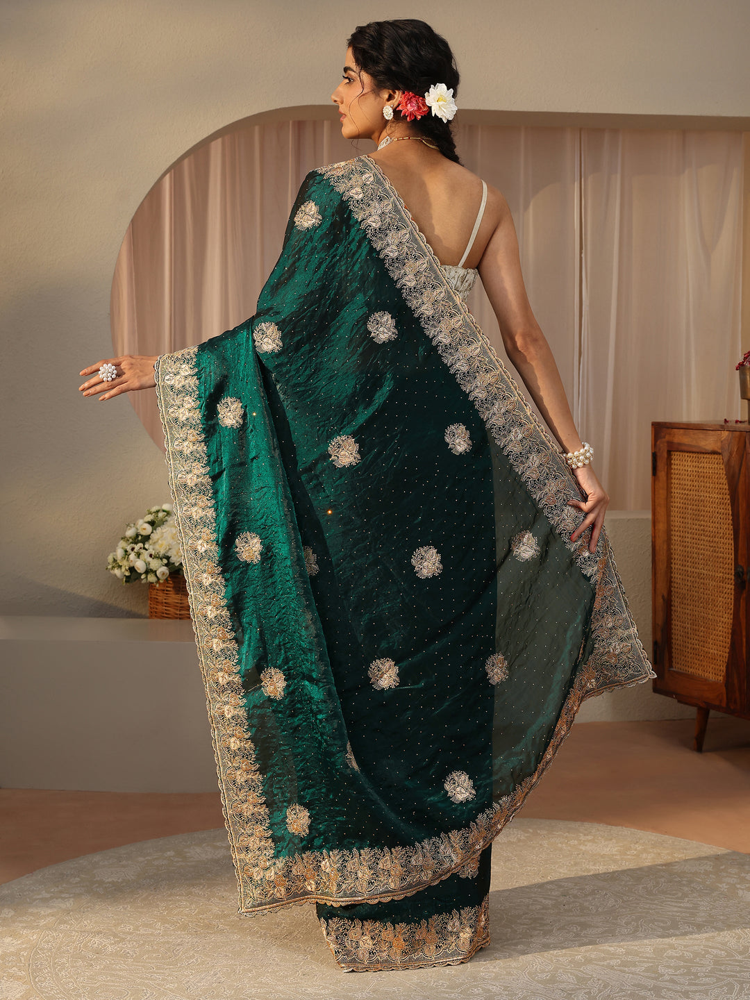  Green Ethnic Embellished Tissue Saree 