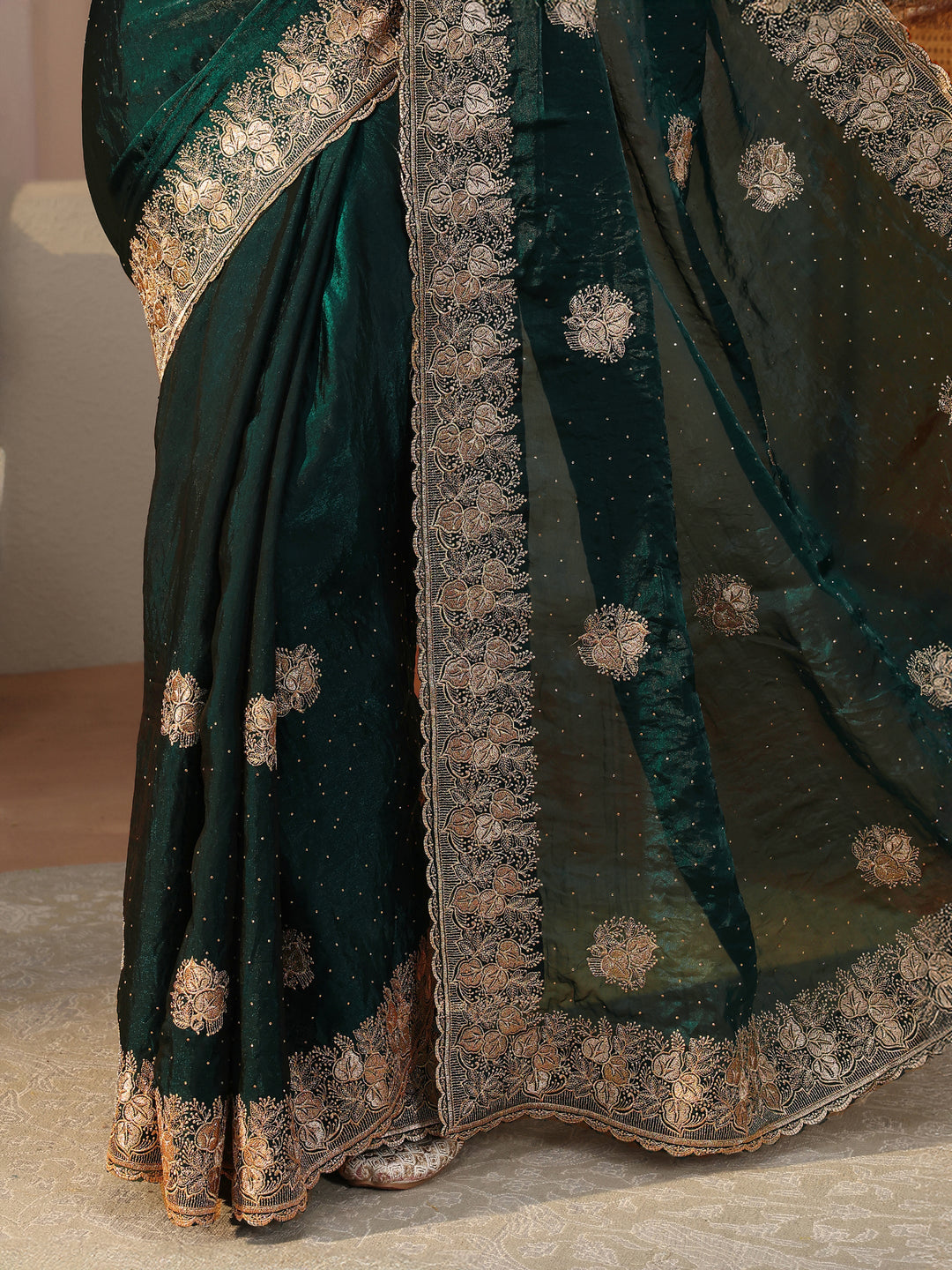  Green Ethnic Embellished Tissue Saree 