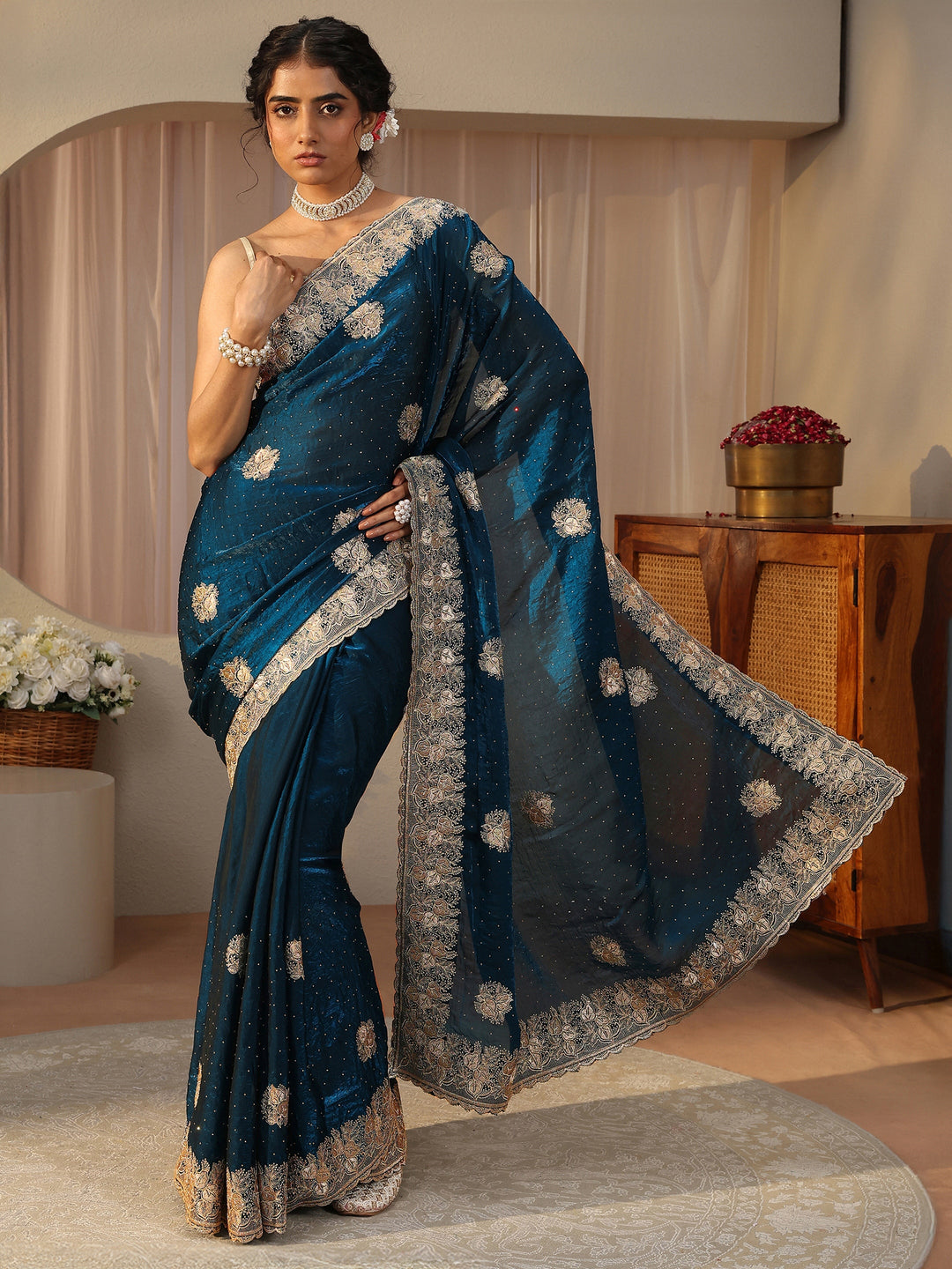  Blue Ethnic Embellished Tissue Saree 