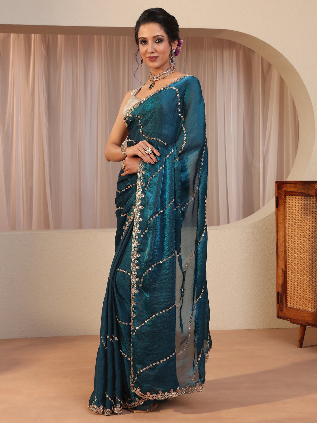  Prussian Blue Sequin Embellished Tissue Saree 
