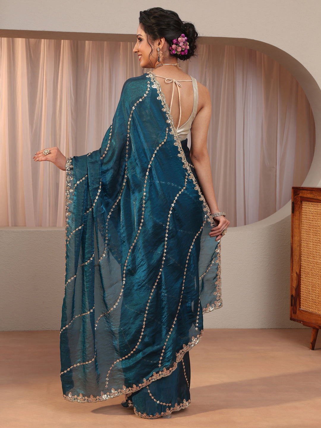  Prussian Blue Sequin Embellished Tissue Saree 