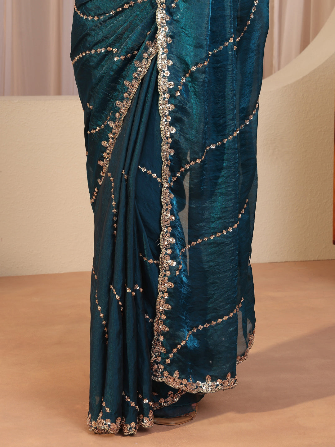  Prussian Blue Sequin Embellished Tissue Saree 