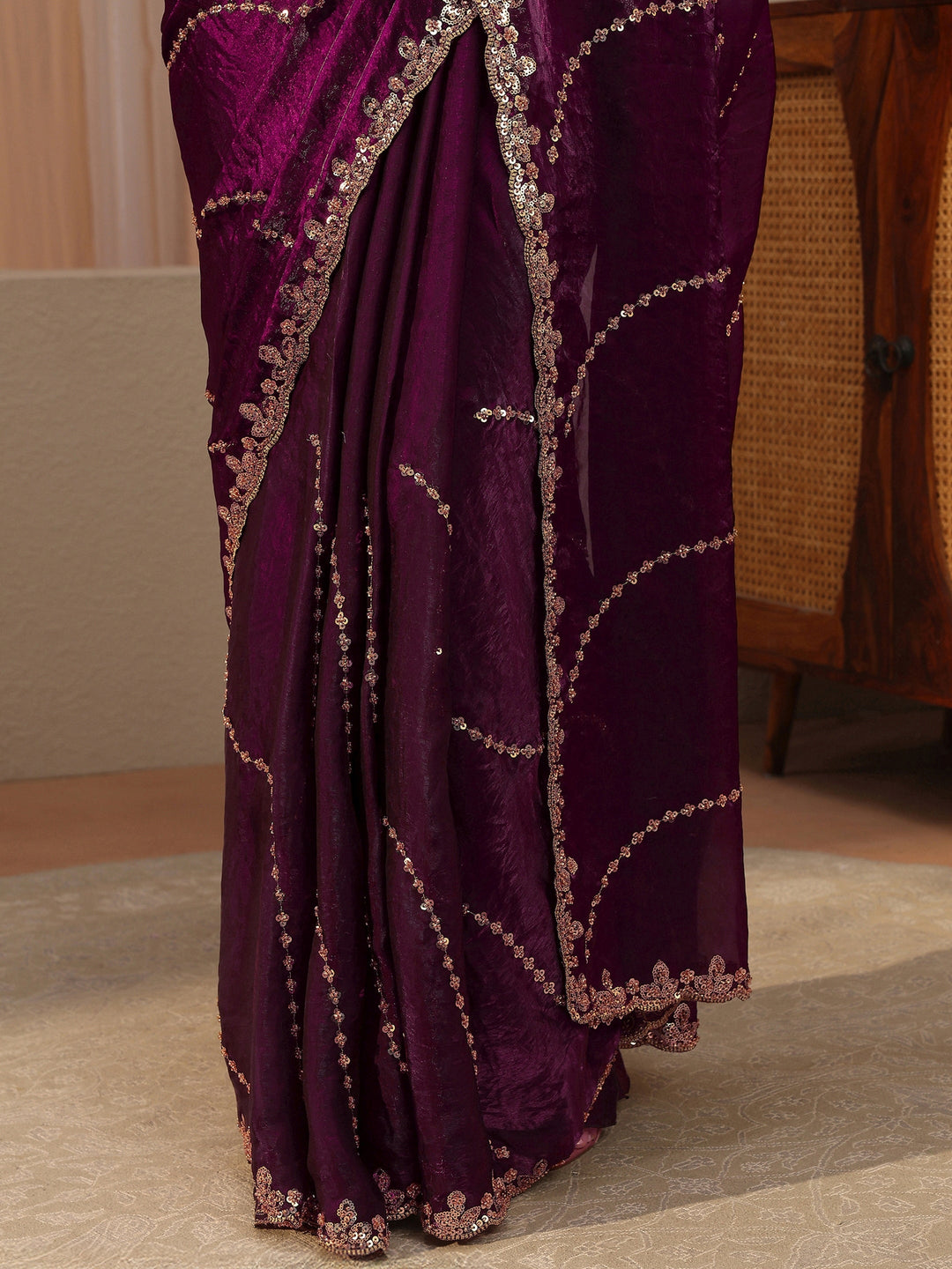  Burgundy Embellished Tissue Saree 