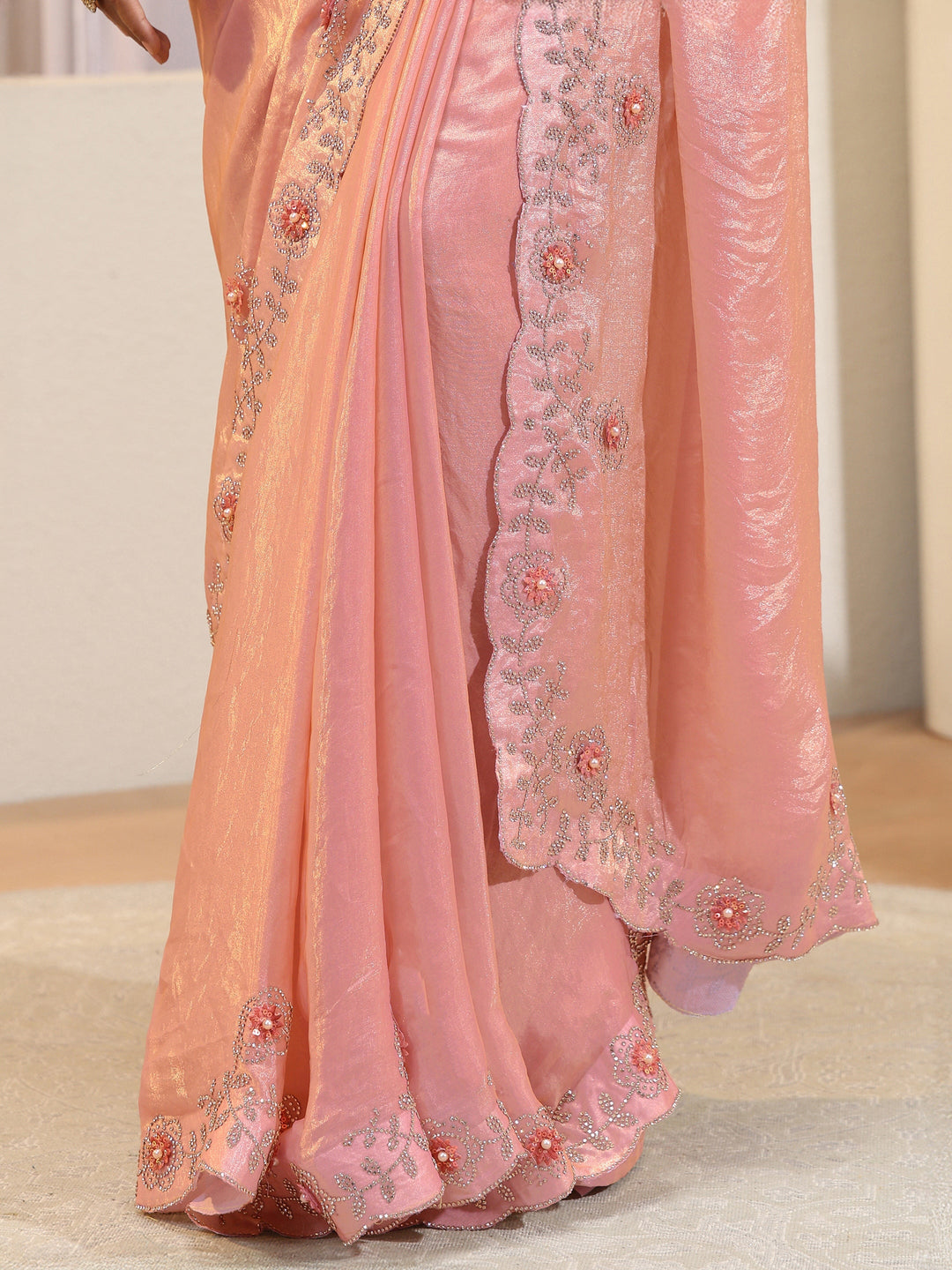  Peach Tissue Saree With Floral Embellished Border 
