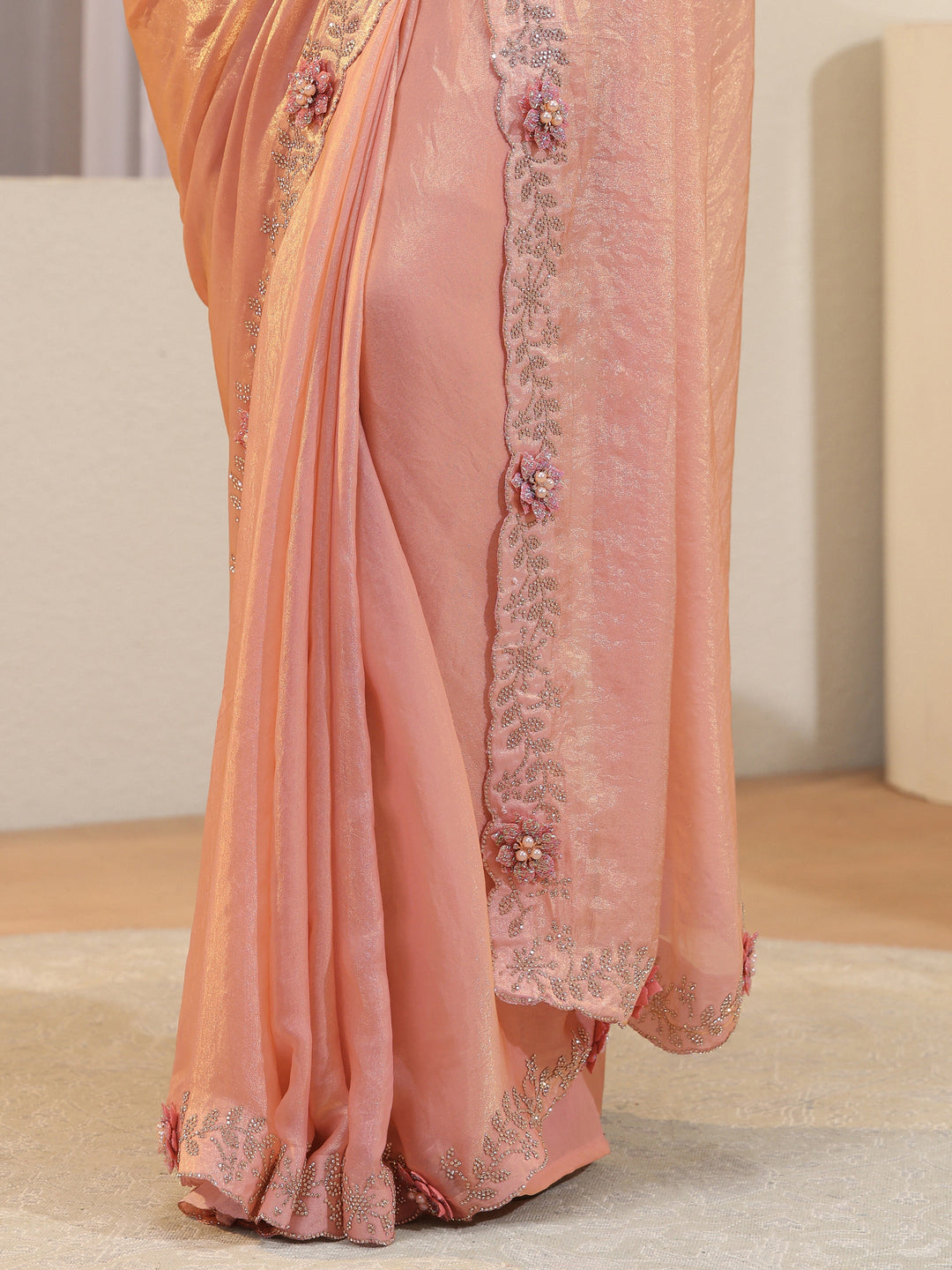  Peach Tissue Saree With Embellished Border 