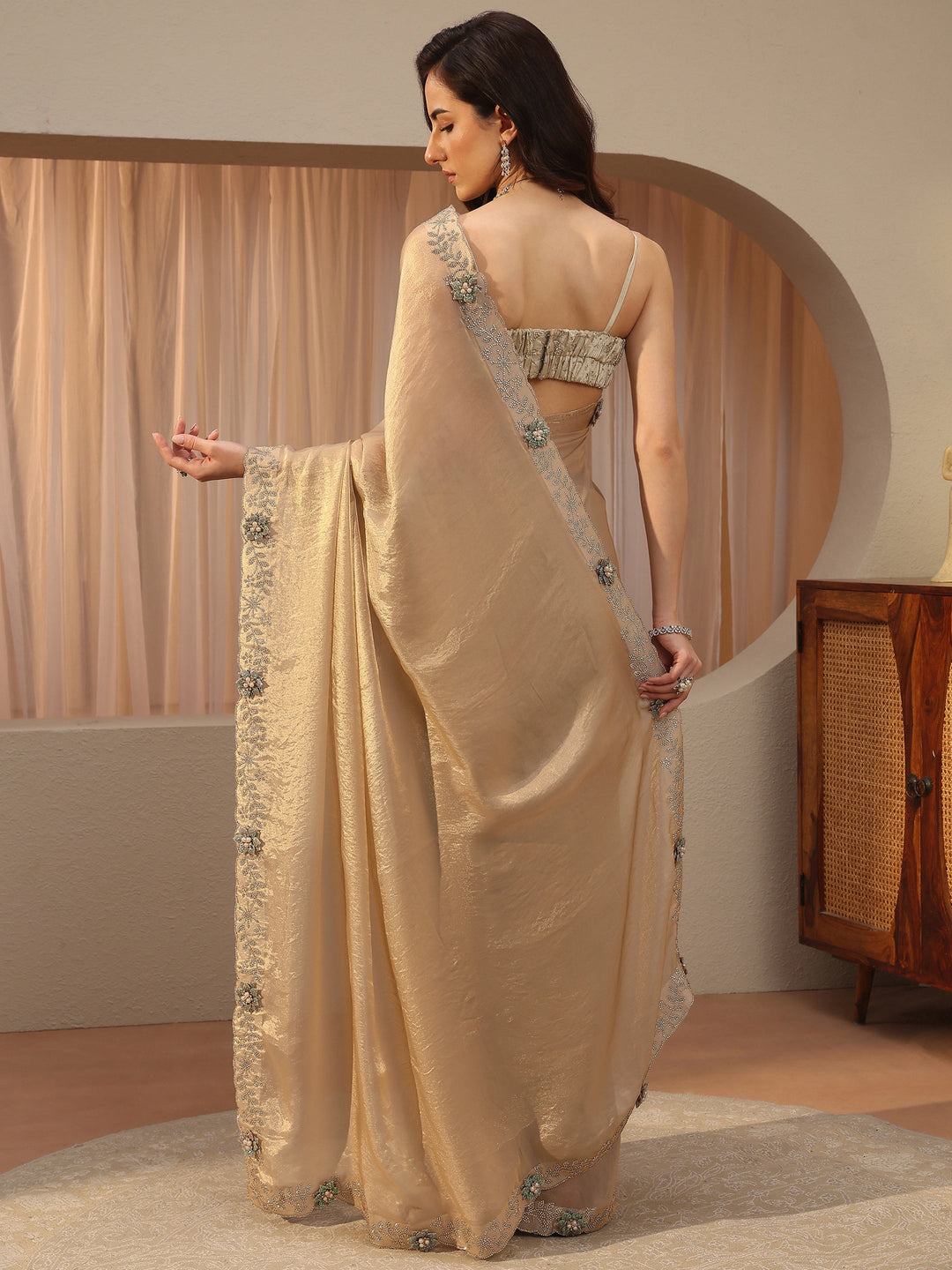 Beige Embellished Tissue Saree 