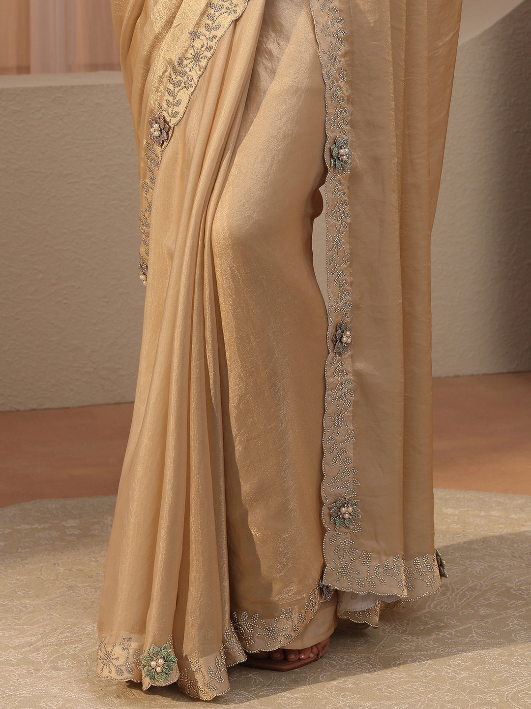  Beige Embellished Tissue Saree 
