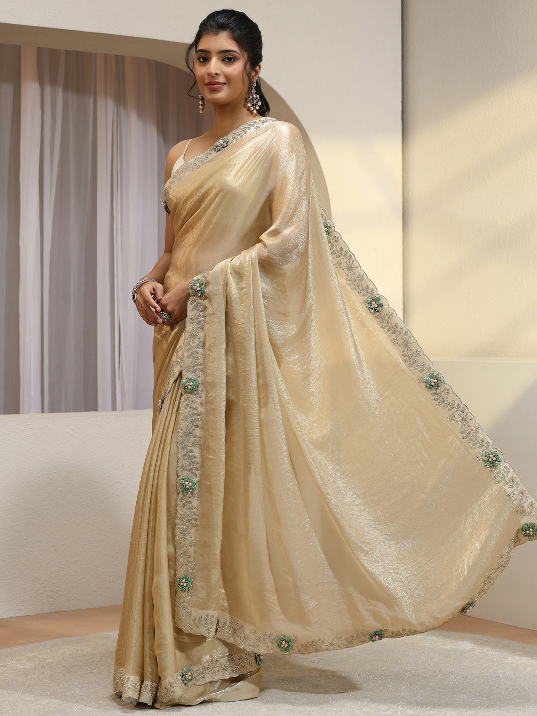  Green Embellished Tissue Saree 