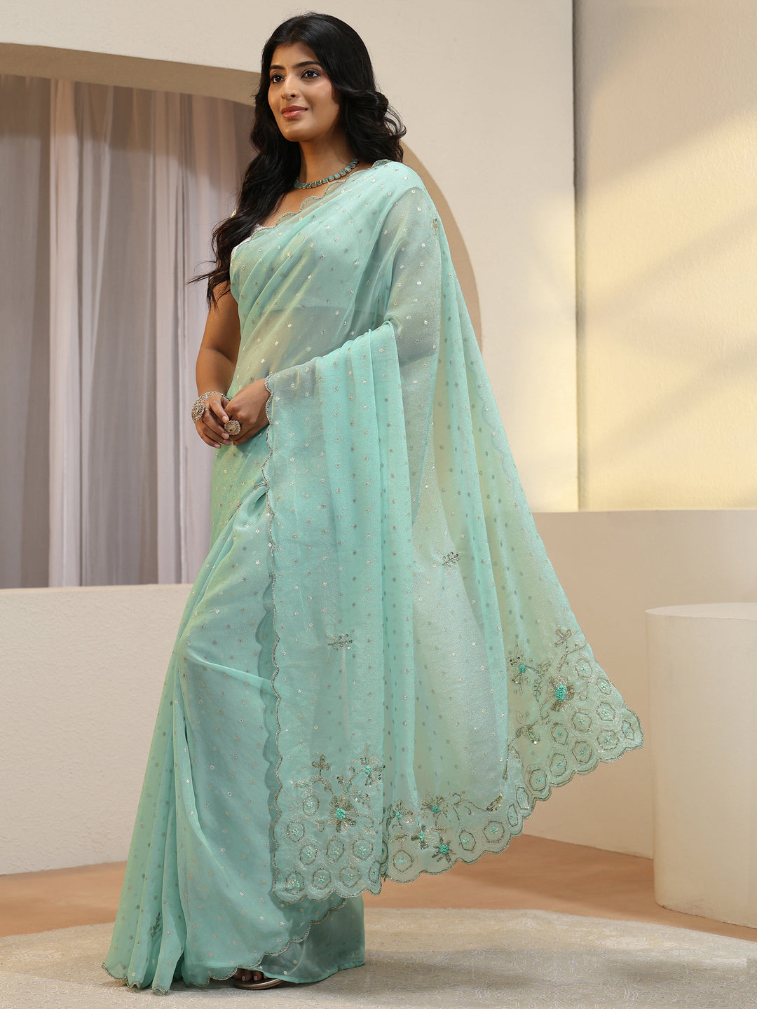  Powder Blue Floral Embellished Tissue Saree 