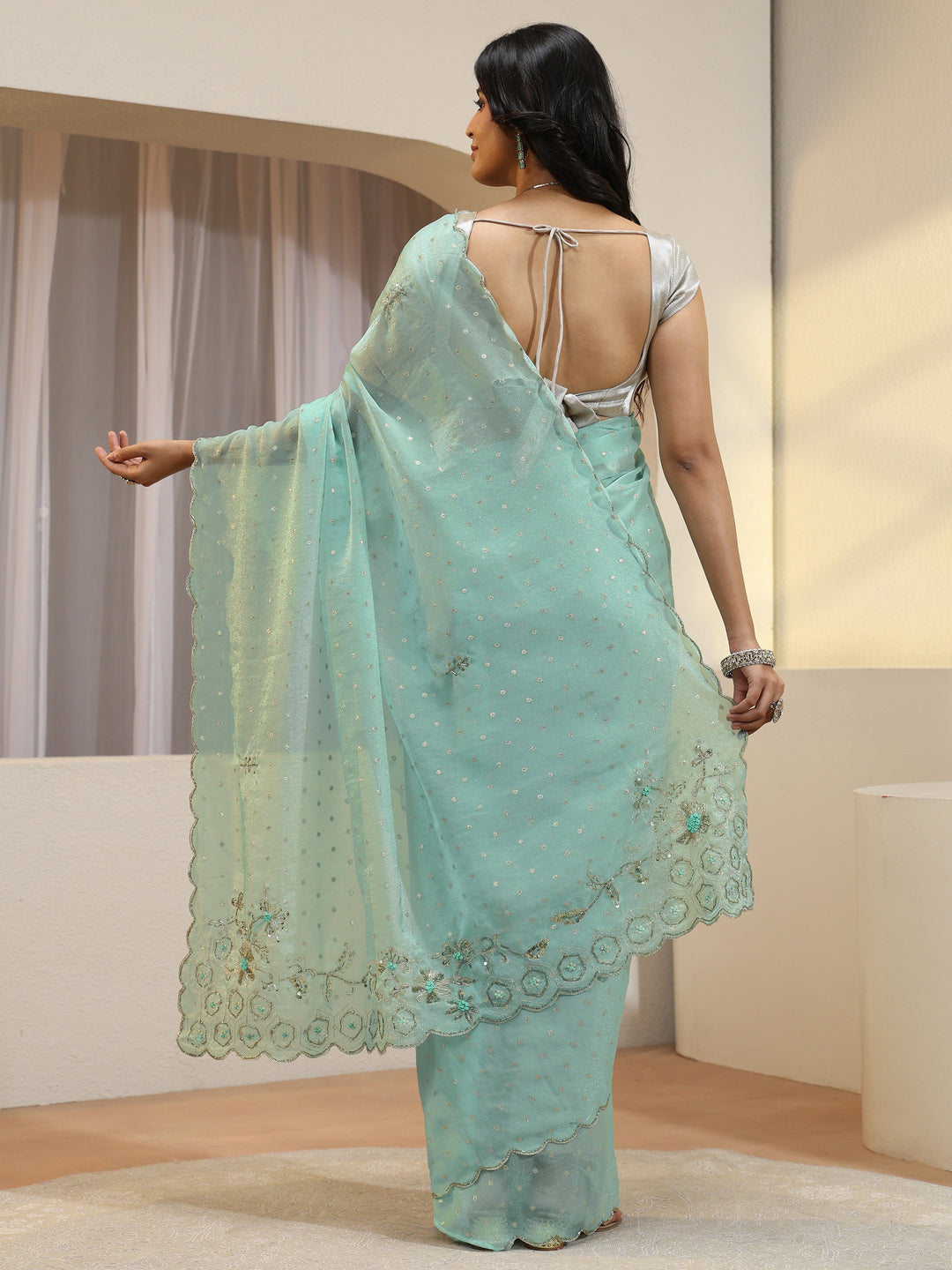  Powder Blue Floral Embellished Tissue Saree 