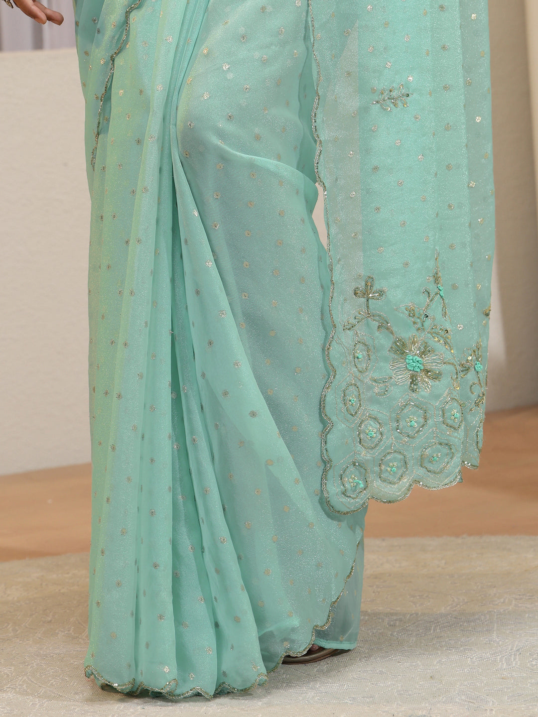  Powder Blue Floral Embellished Tissue Saree 