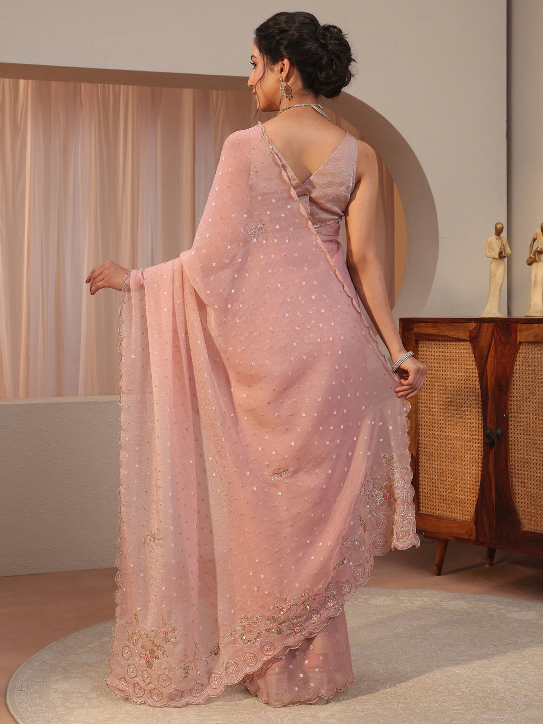  Salmon Pink Embellished Tissue Saree 