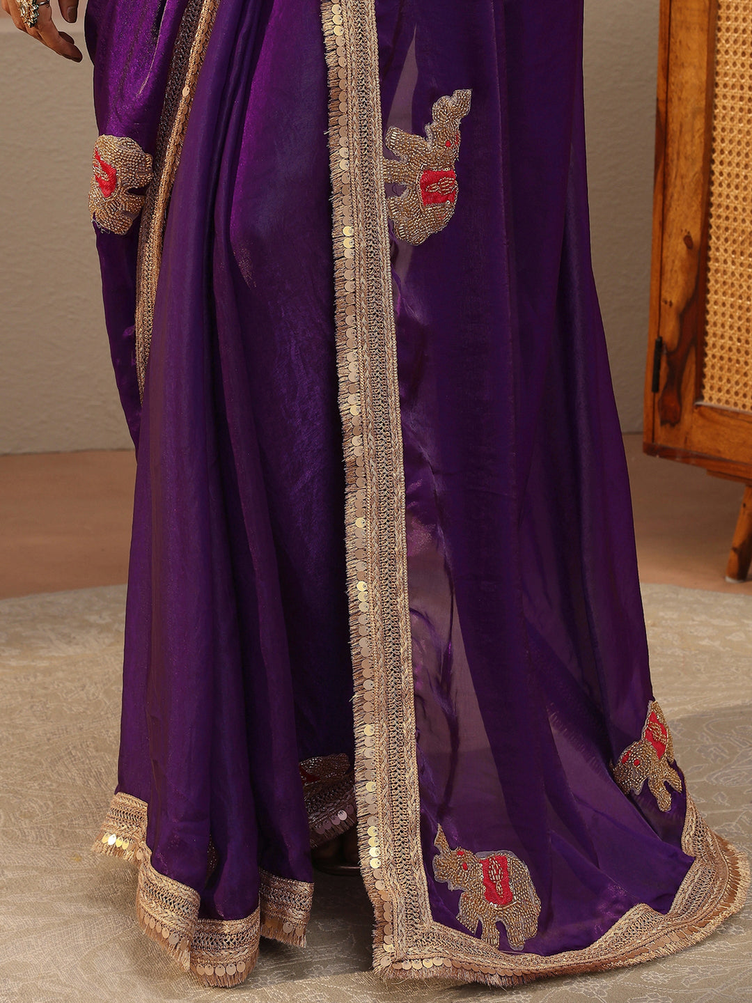  Aubergine Purple Embellished Tissue Saree 
