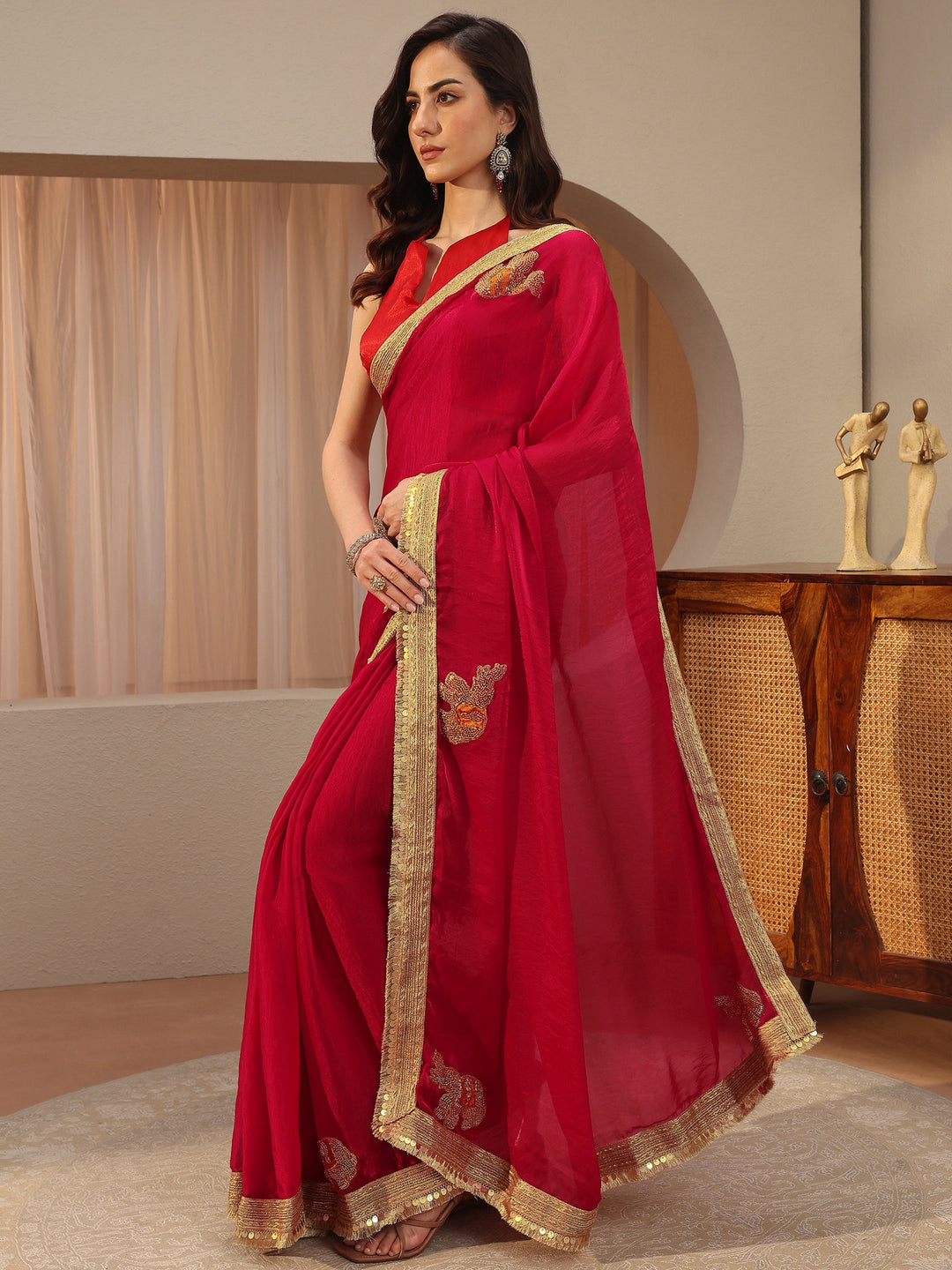  Raspberry Red Embellished Tissue Saree 