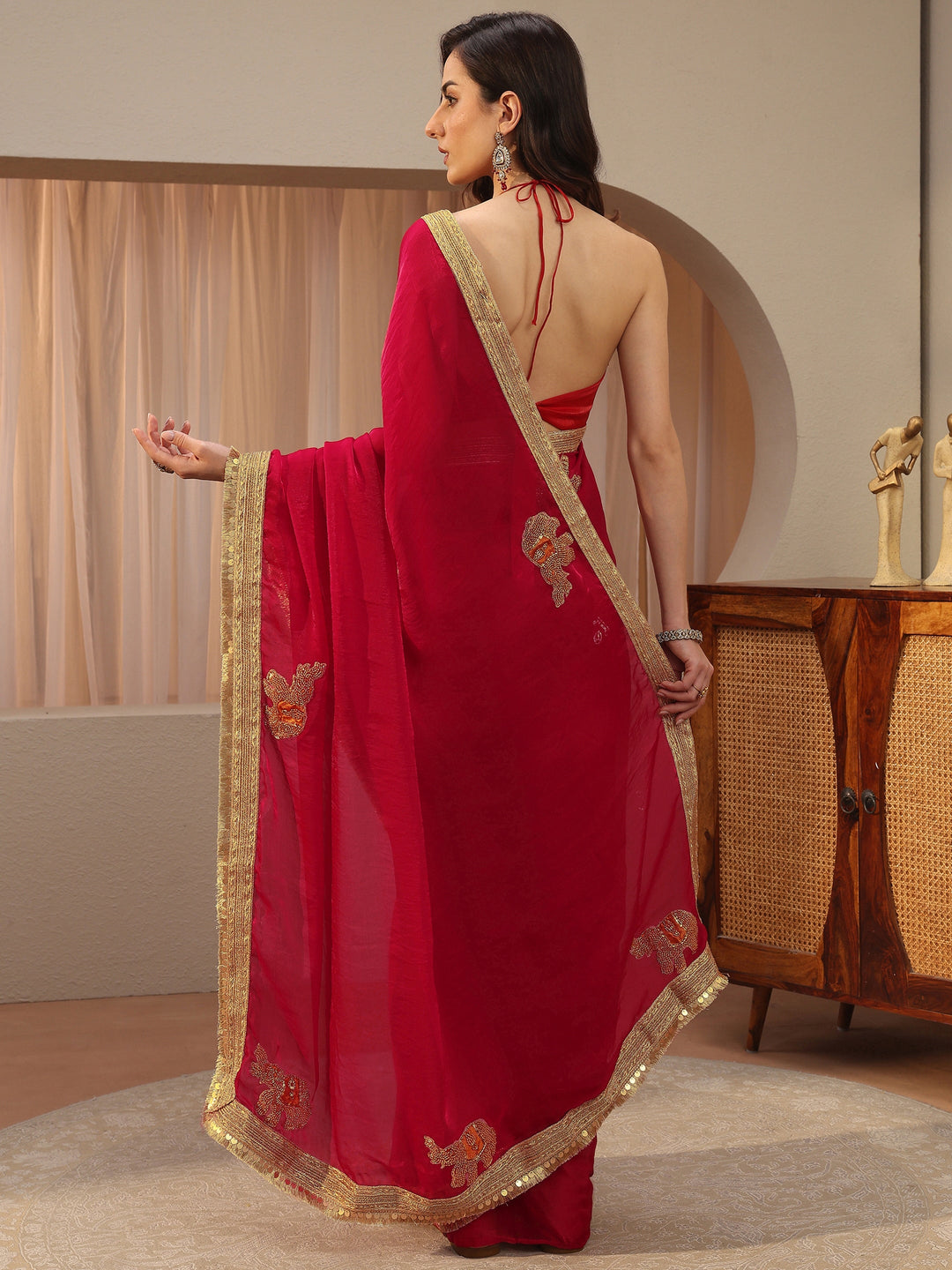  Raspberry Red Embellished Tissue Saree 