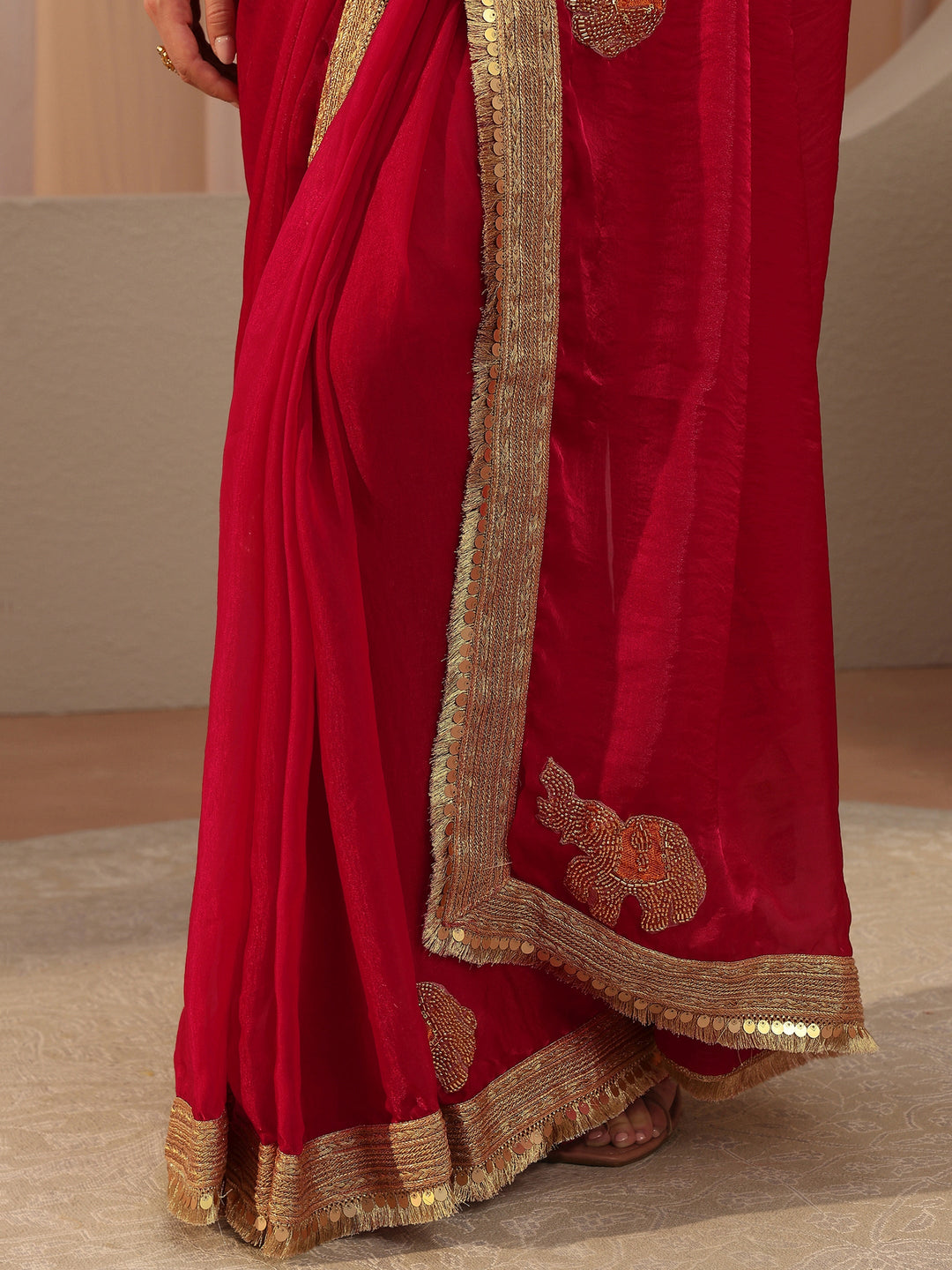  Raspberry Red Embellished Tissue Saree 