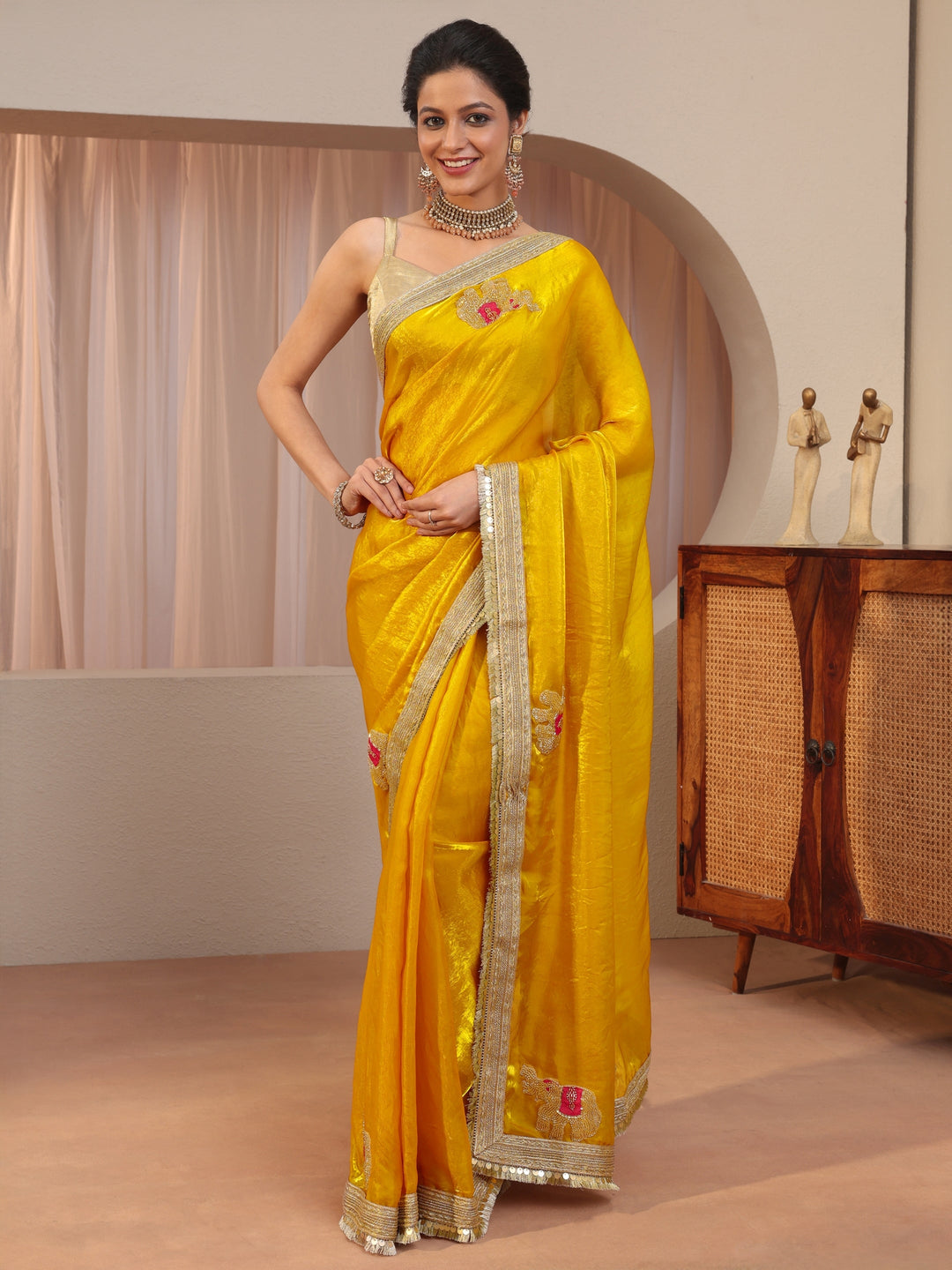  Mustard Embellished Elephant Motif Tissue Saree 