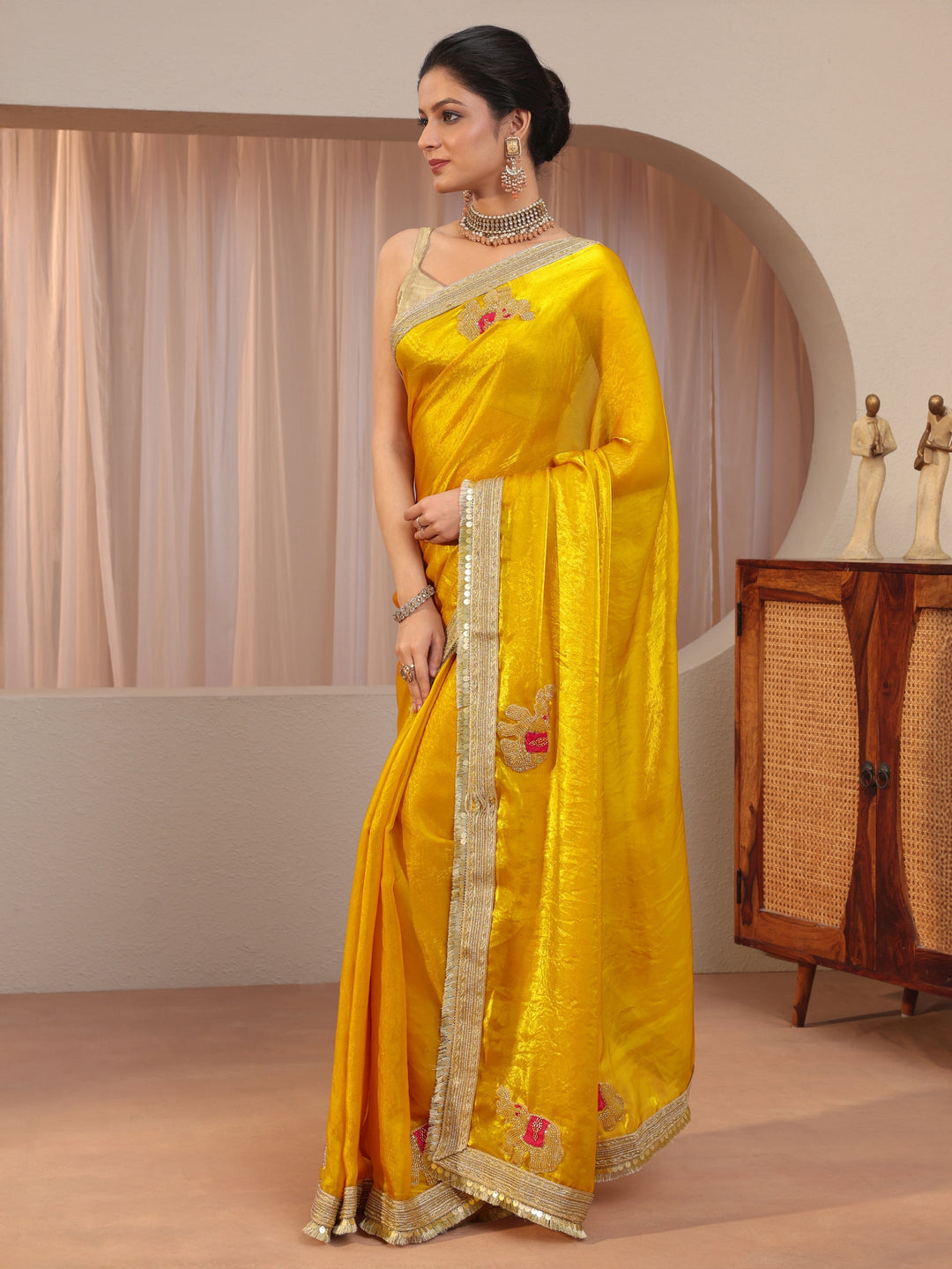  Mustard Embellished Elephant Motif Tissue Saree 