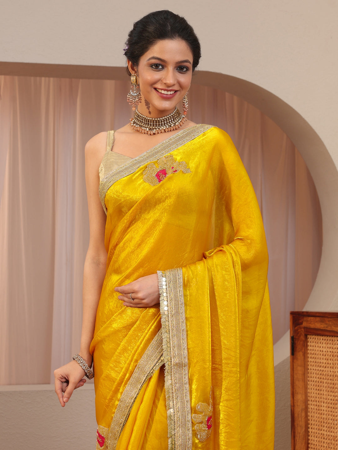  Mustard Embellished Elephant Motif Tissue Saree 