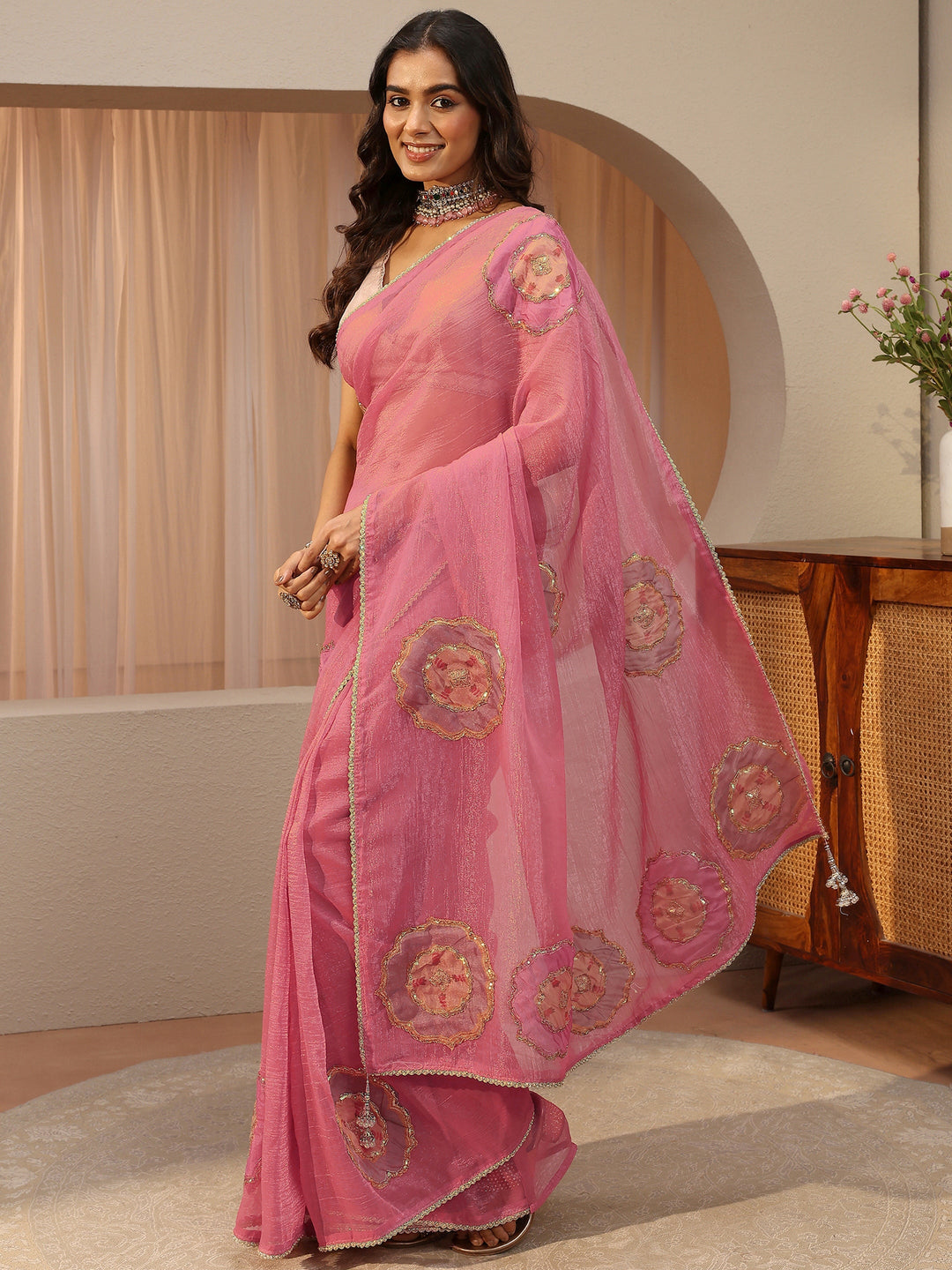  Peach Embellished Tissue Saree 