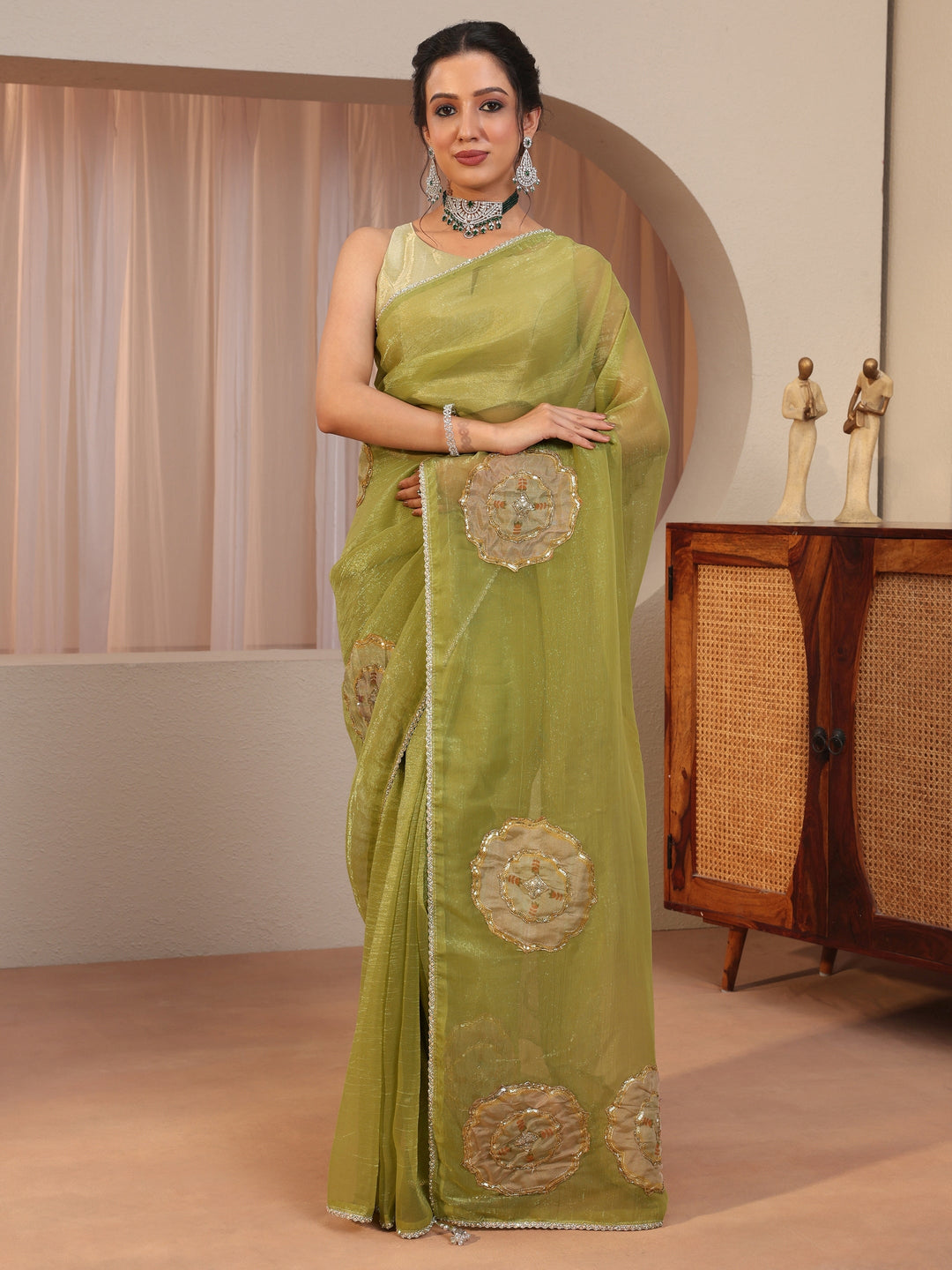  Leaf Green Floral Applique Tissue Saree 