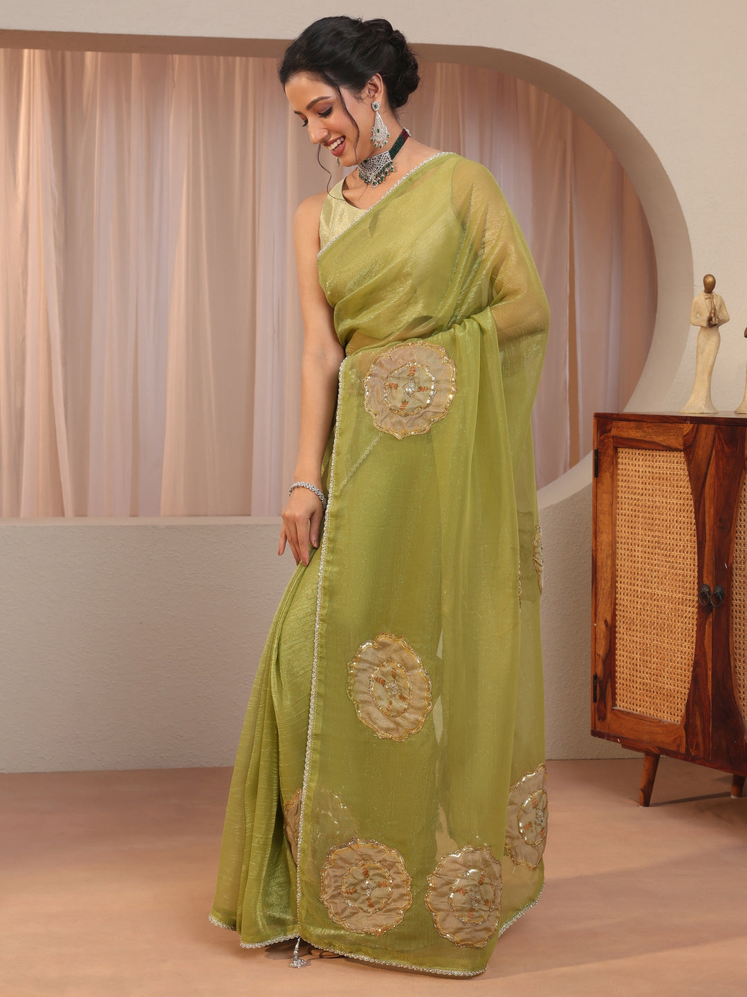  Leaf Green Floral Applique Tissue Saree 