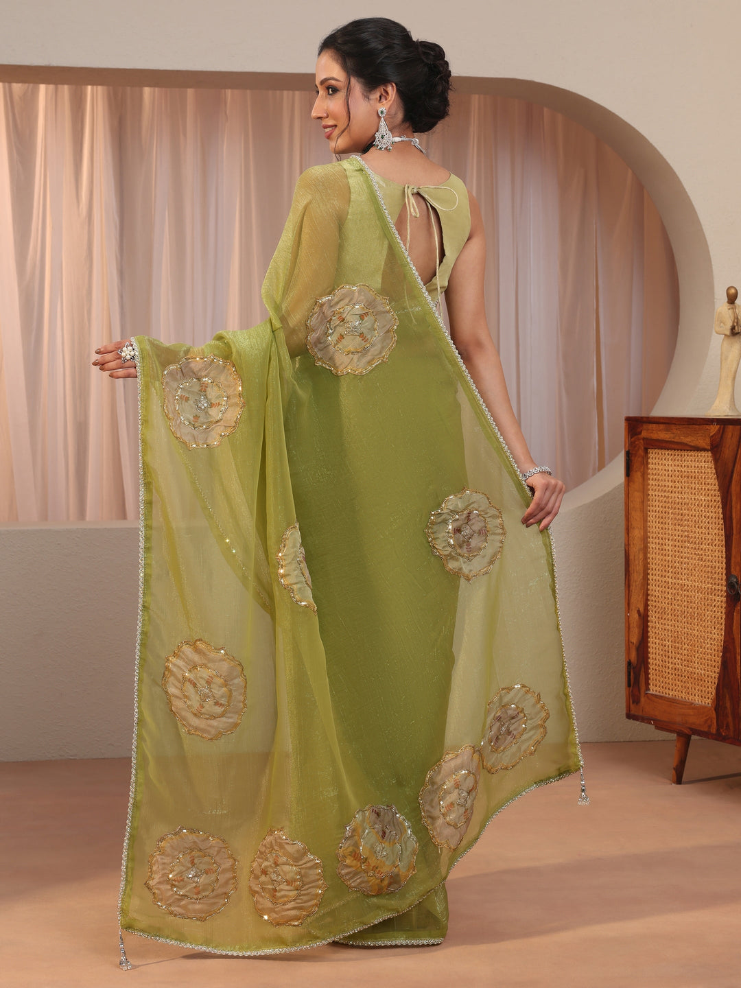  Leaf Green Floral Applique Tissue Saree 