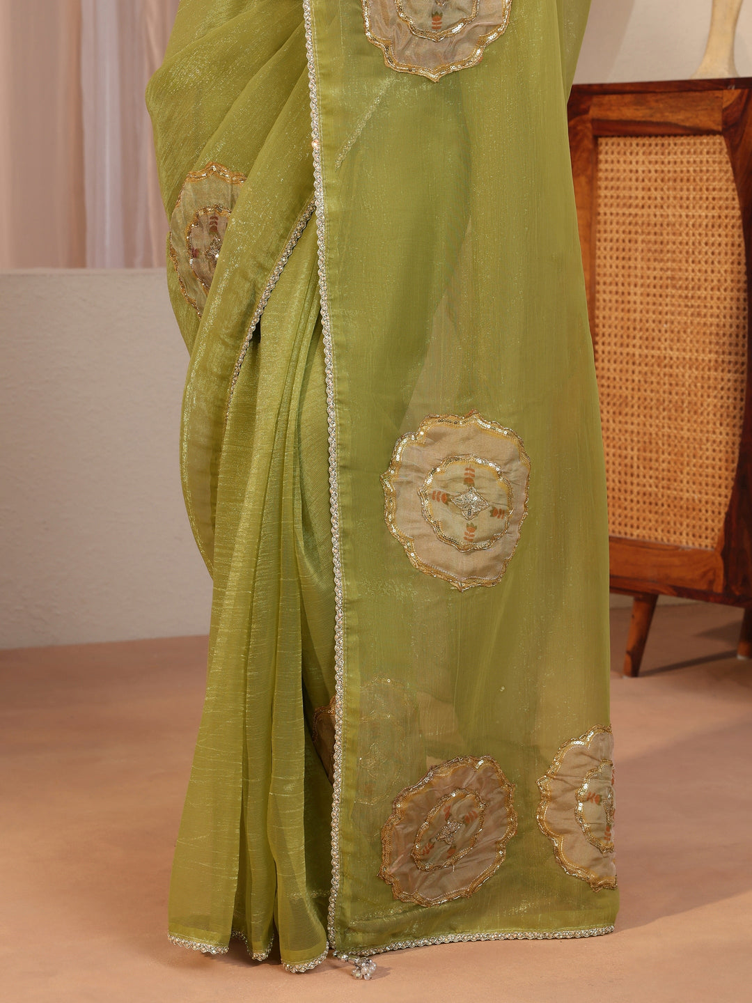  Leaf Green Floral Applique Tissue Saree 