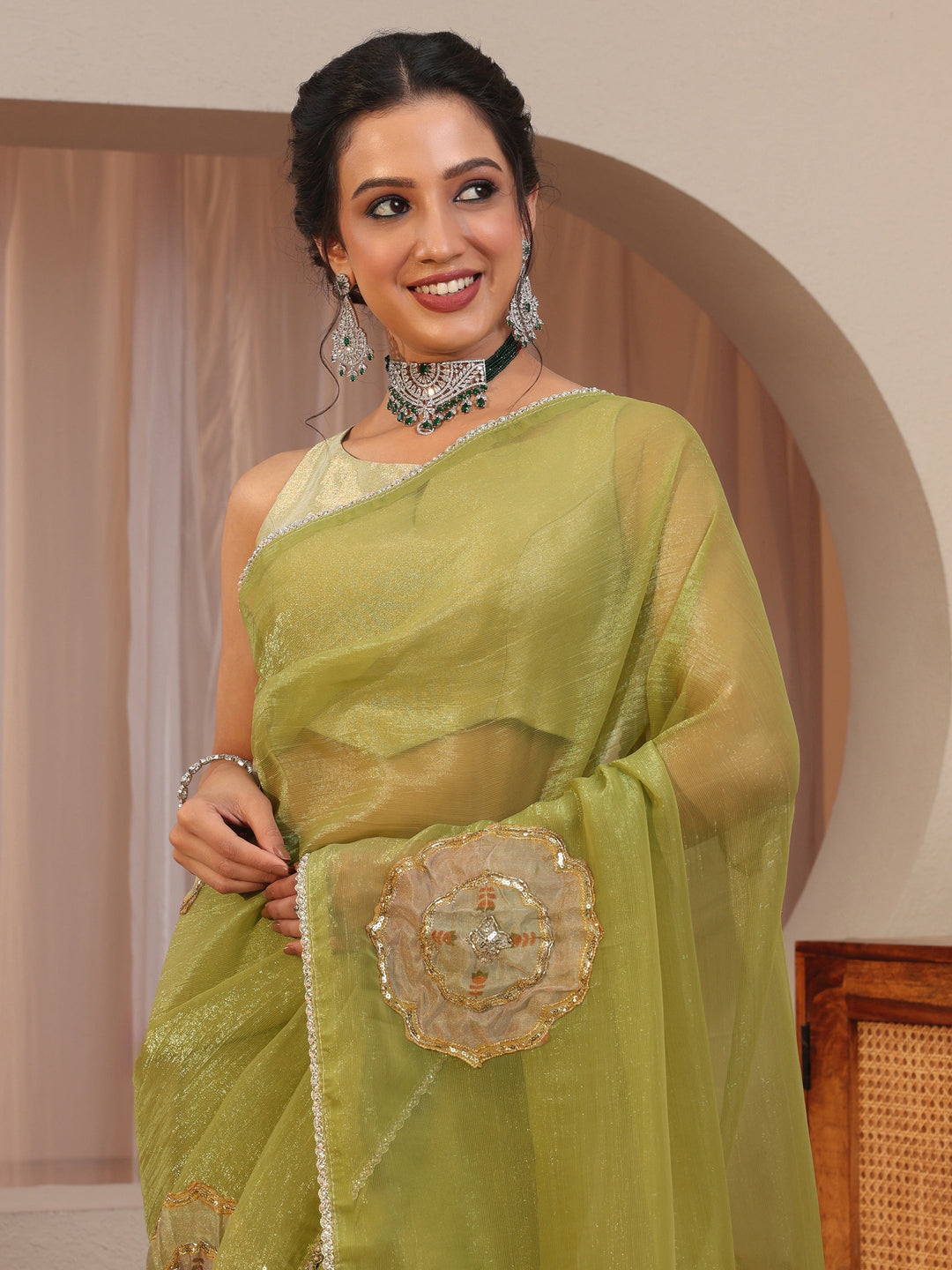  Leaf Green Floral Applique Tissue Saree 