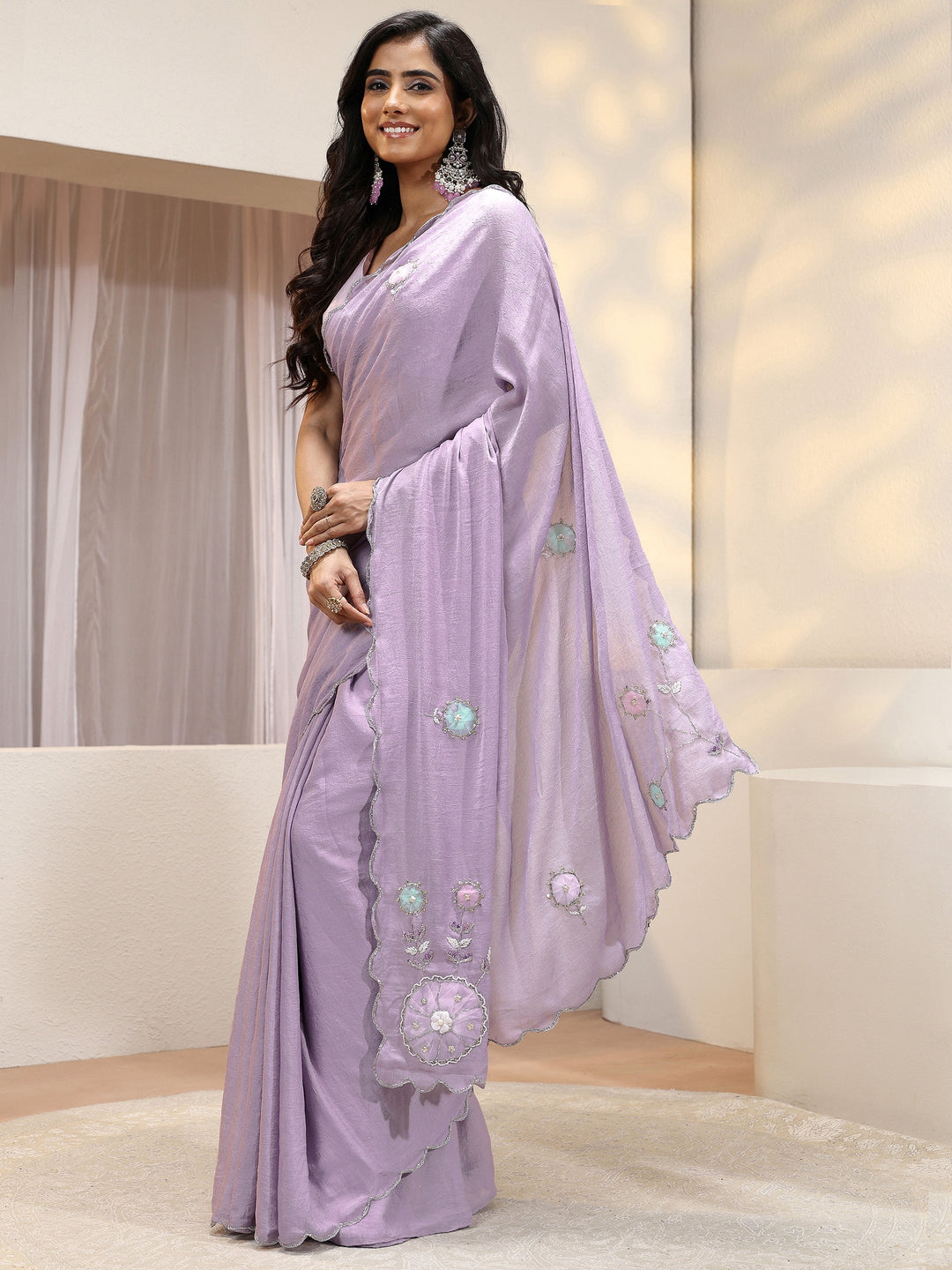  Lilac Floral Applique Tissue Saree 