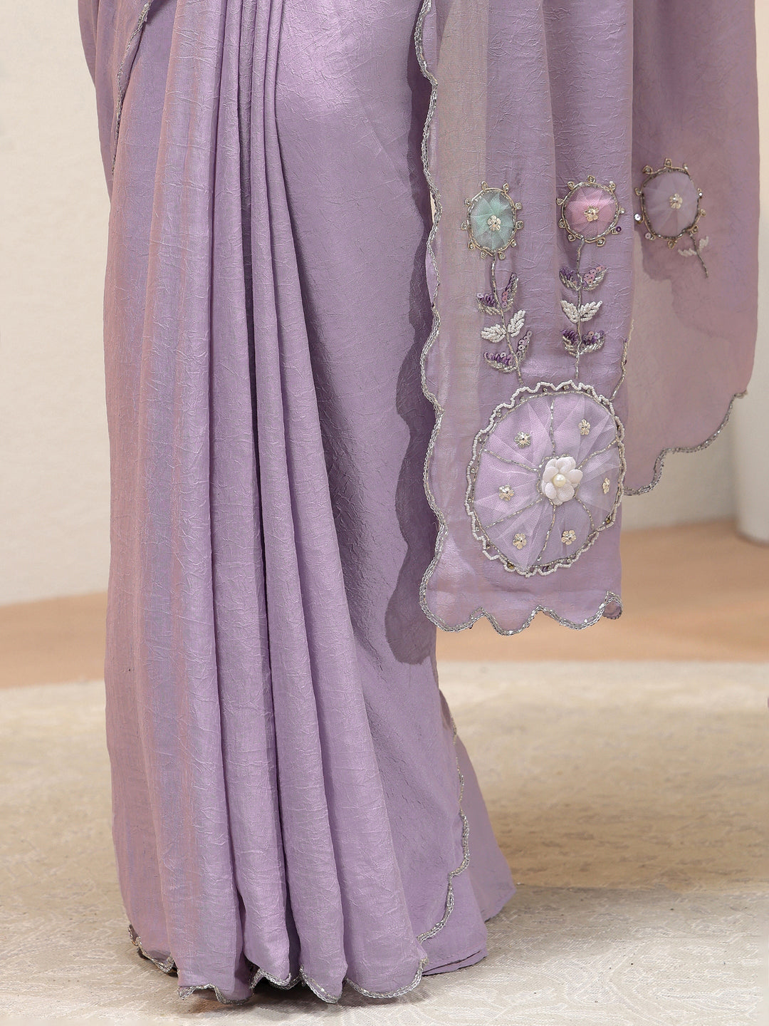  Lilac Floral Applique Tissue Saree 