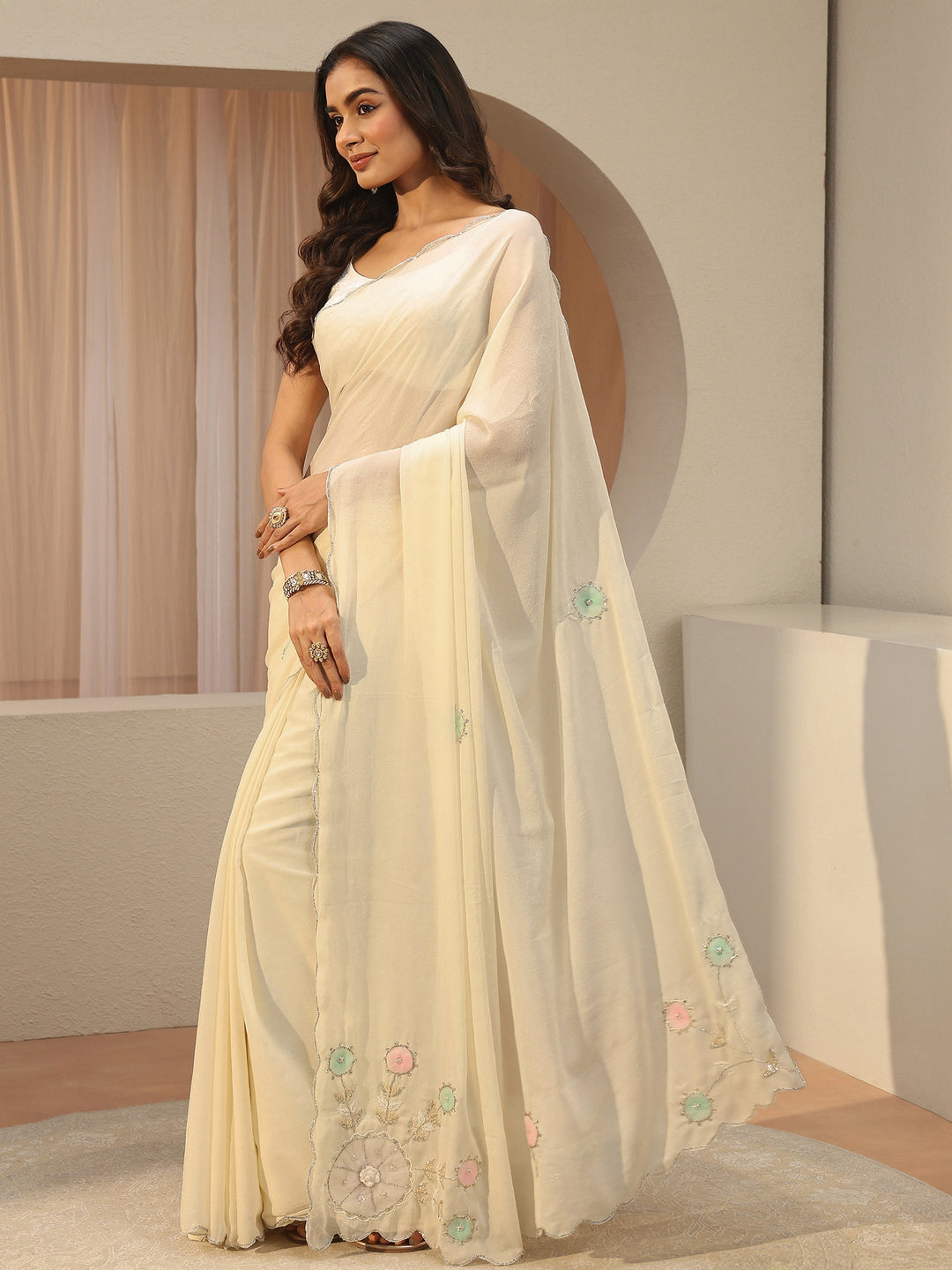  Cream Floral Embellished Tissue Saree 