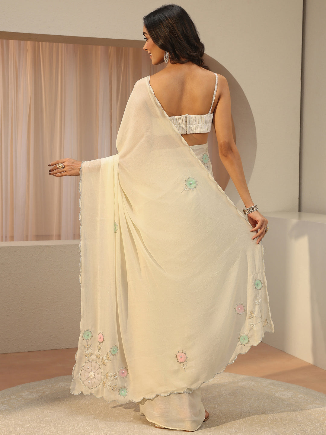  Cream Floral Embellished Tissue Saree 