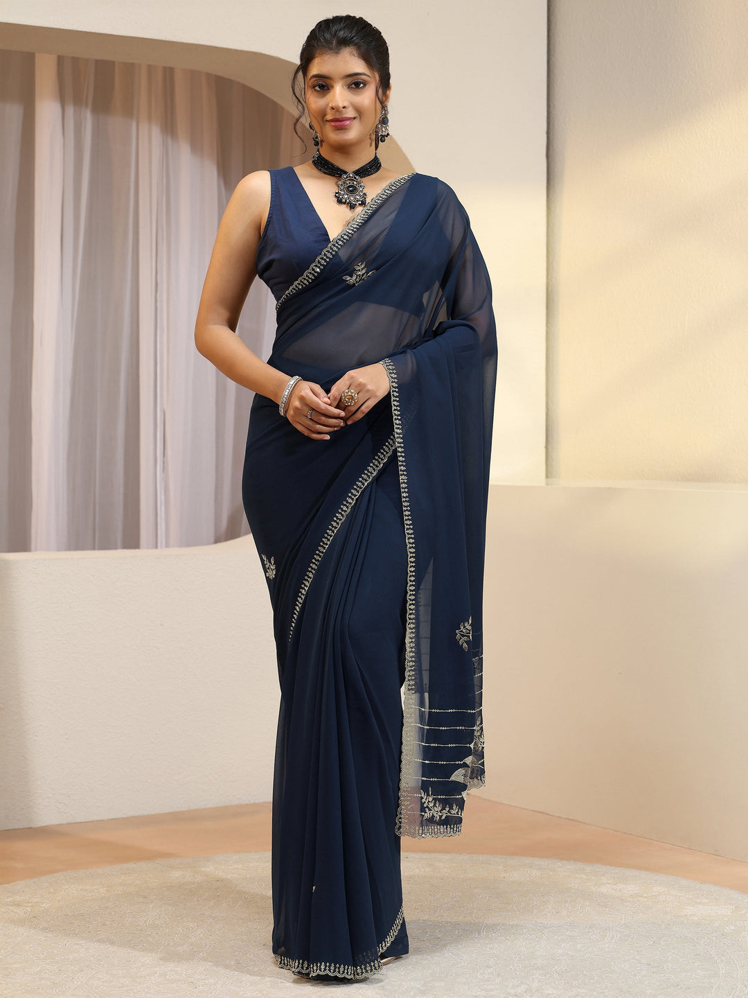  Navy Georgette Saree With Floral Embellished Pallu 
