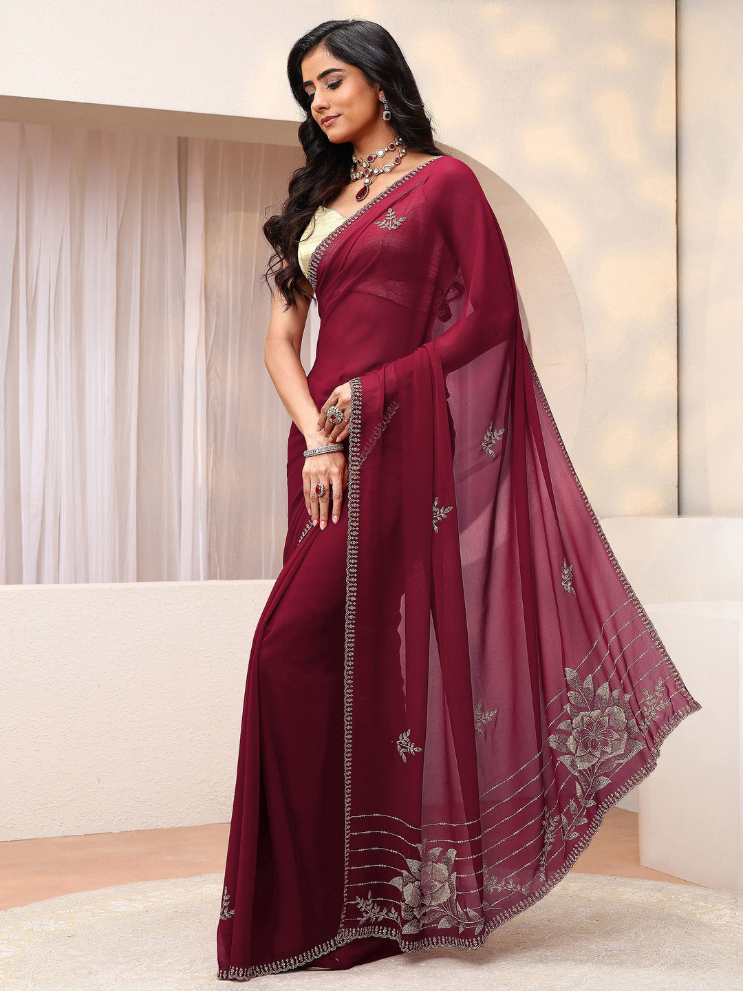  Cardinal Red Georgette Saree With Embellished Pallu 