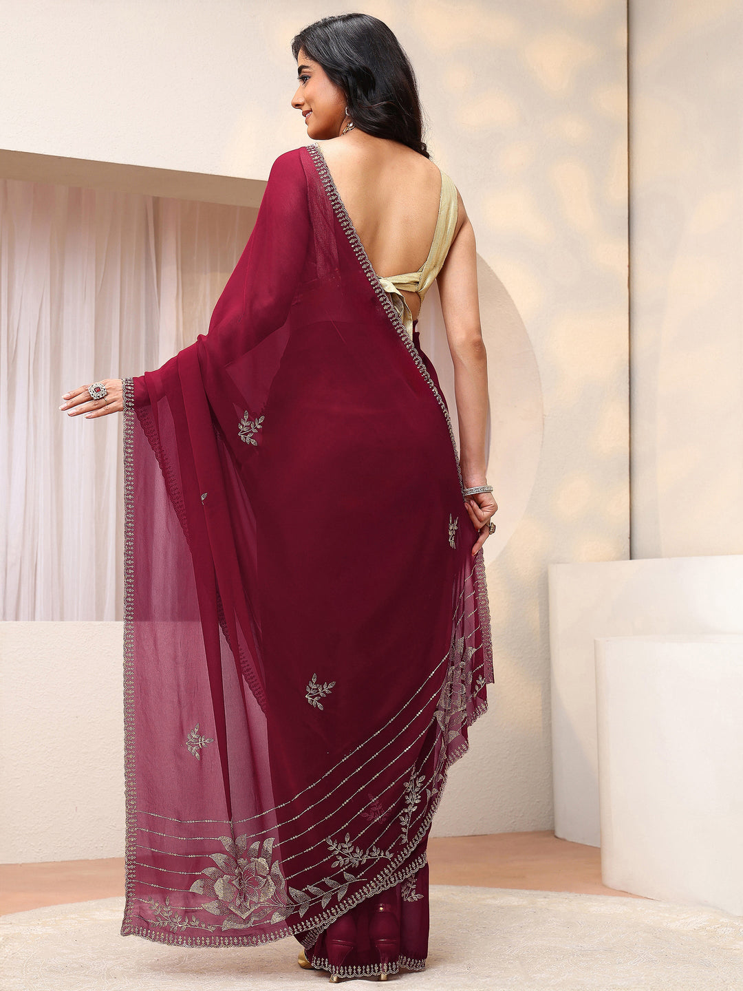  Cardinal Red Georgette Saree With Embellished Pallu 