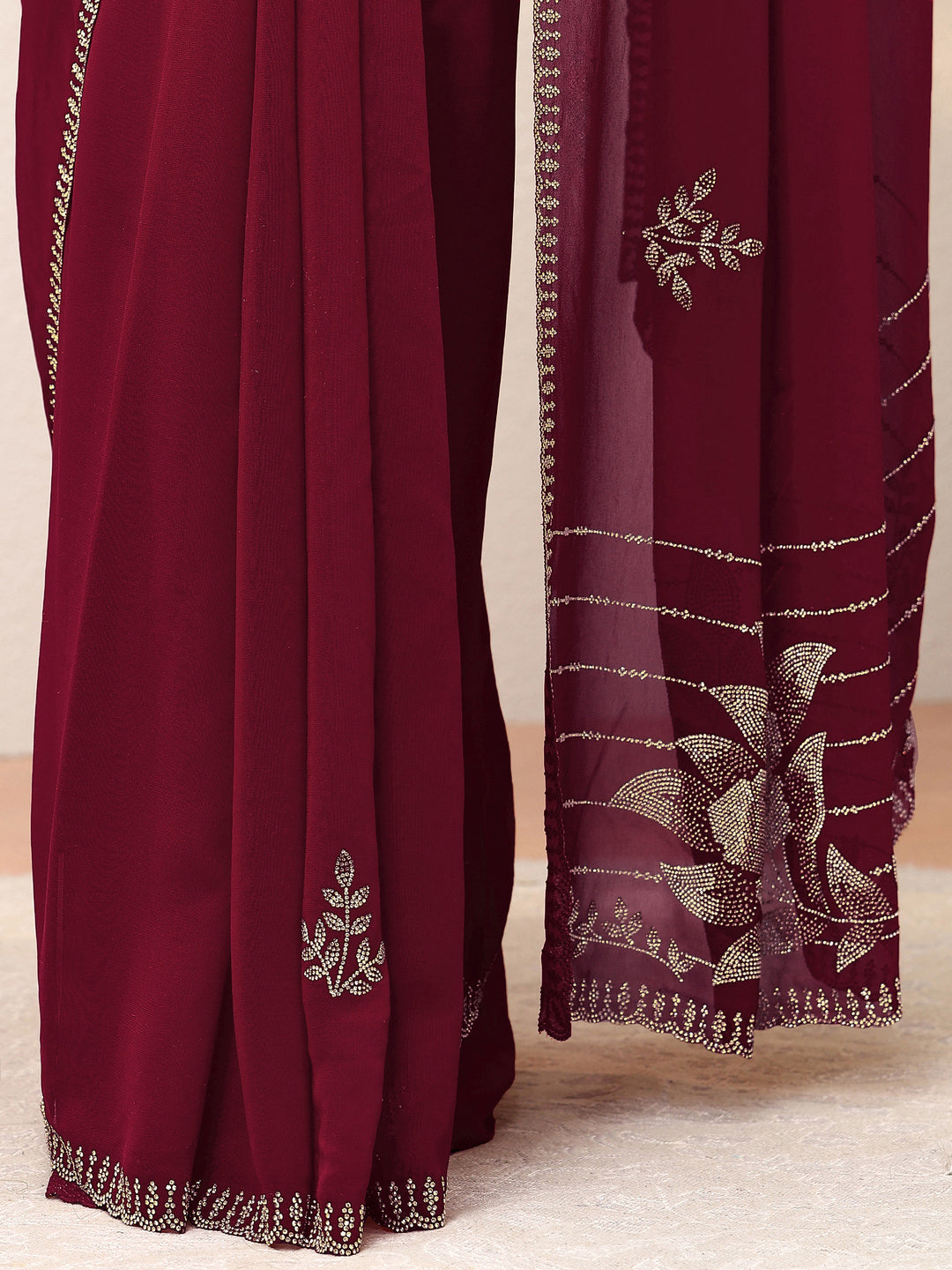  Cardinal Red Georgette Saree With Embellished Pallu 
