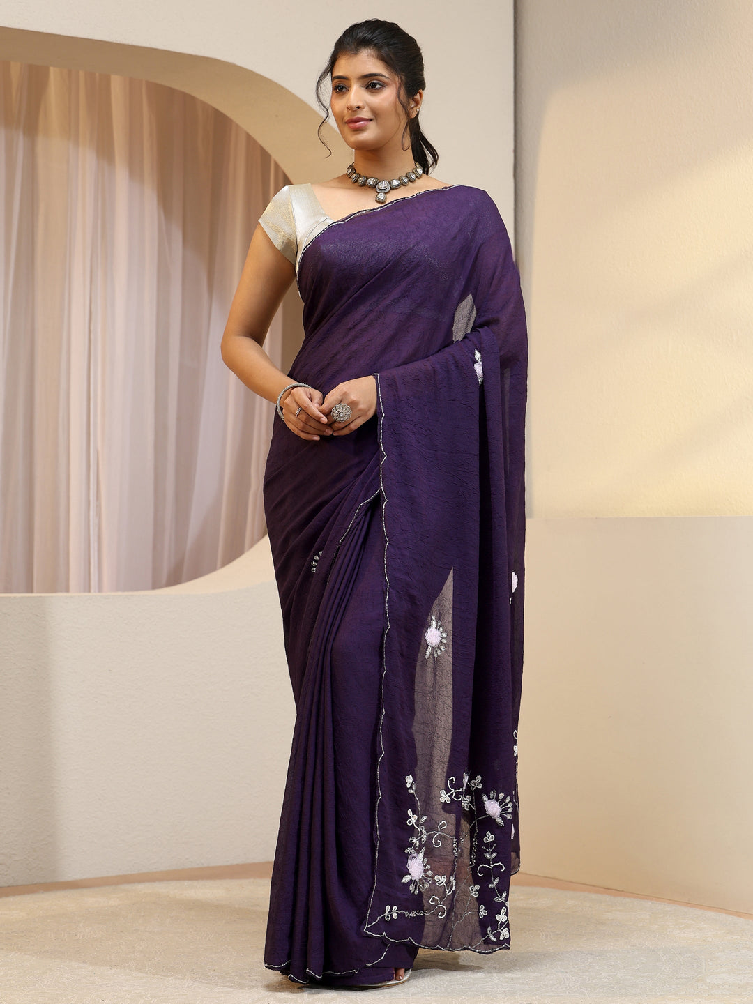  Purple Tissue Saree With Floral Embellished Pallu 
