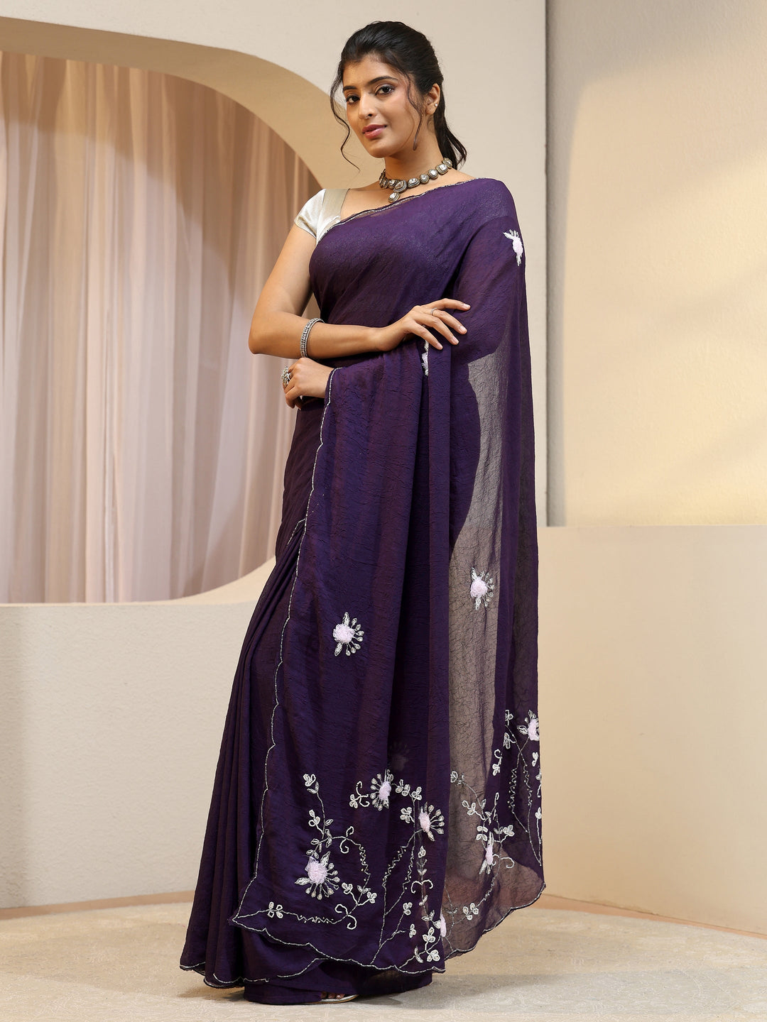  Purple Tissue Saree With Floral Embellished Pallu 