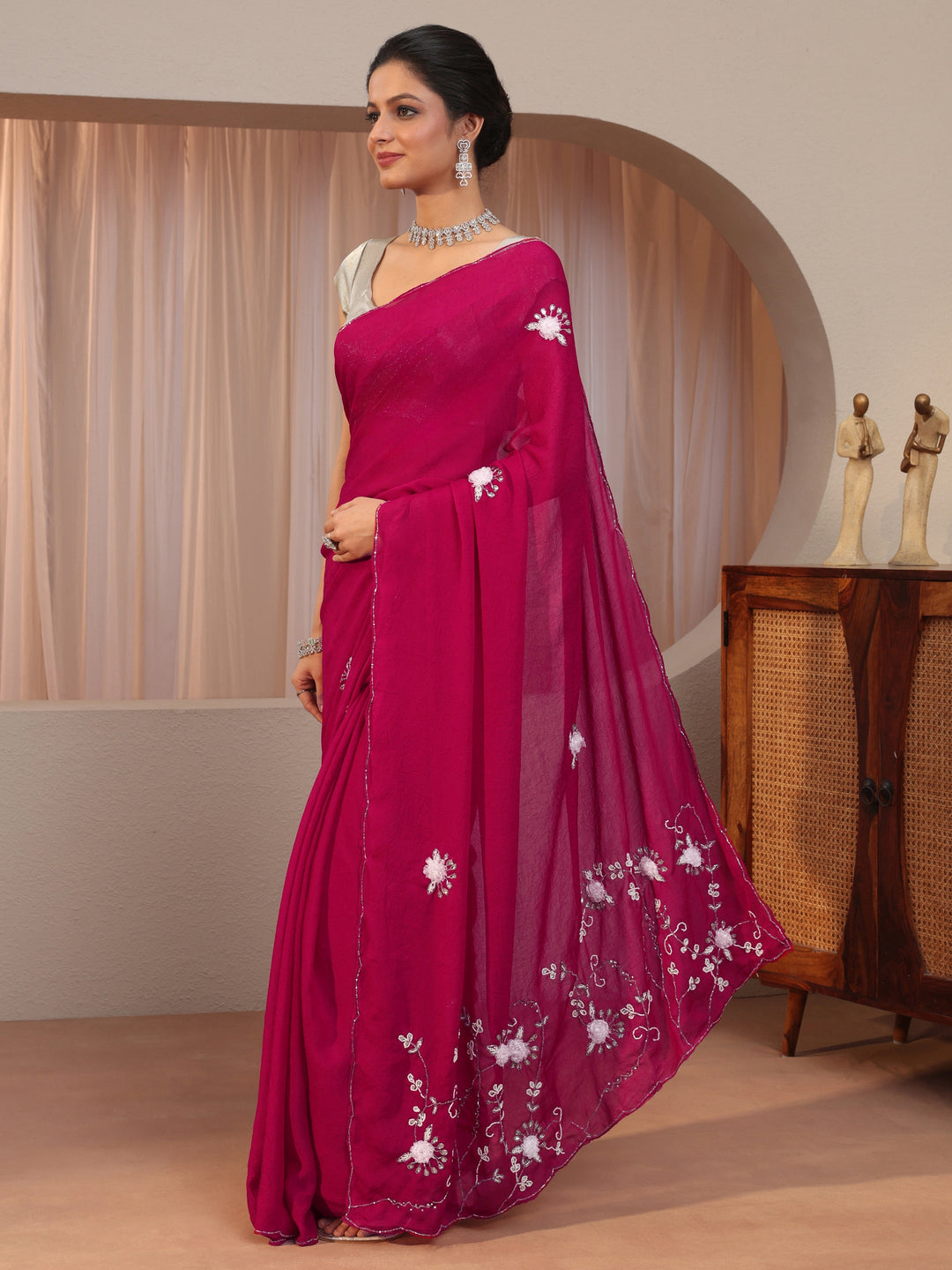 Rose Pink Tissue Saree With Floral Motif Pallu 