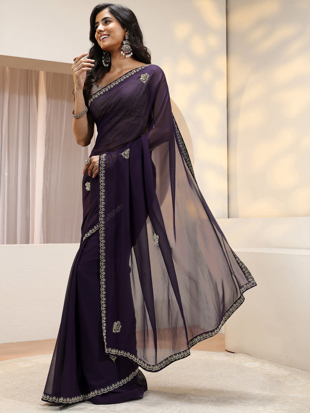  Purple Floral Embellished Georgette Saree 